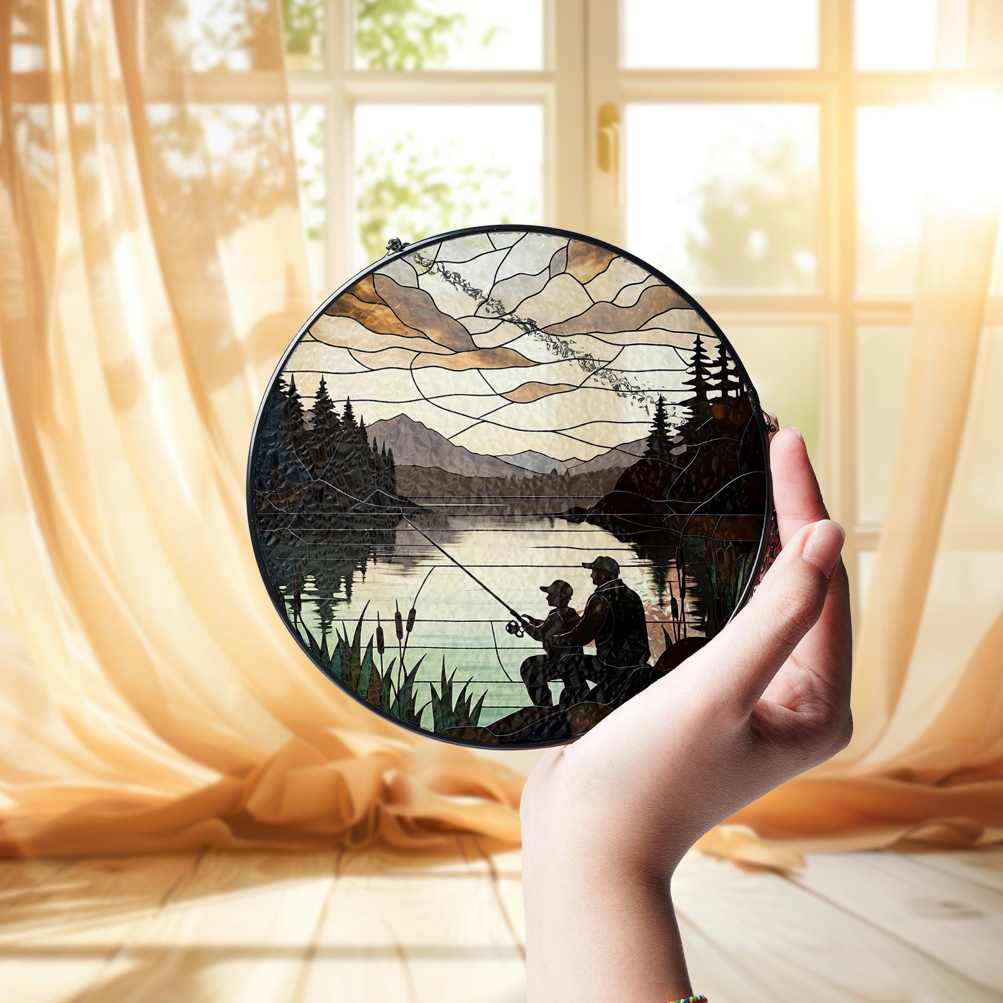Fishing Dad and Son Glass Suncatcher | Father’s Day Gift | Lake Cabin Window Decor | Outdoor Fishing Scene Sun Catcher Art