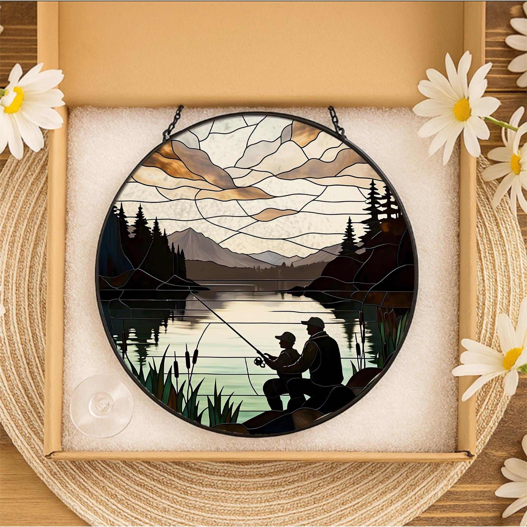 Fishing Dad and Son Glass Suncatcher | Father’s Day Gift | Lake Cabin Window Decor | Outdoor Fishing Scene Sun Catcher Art
