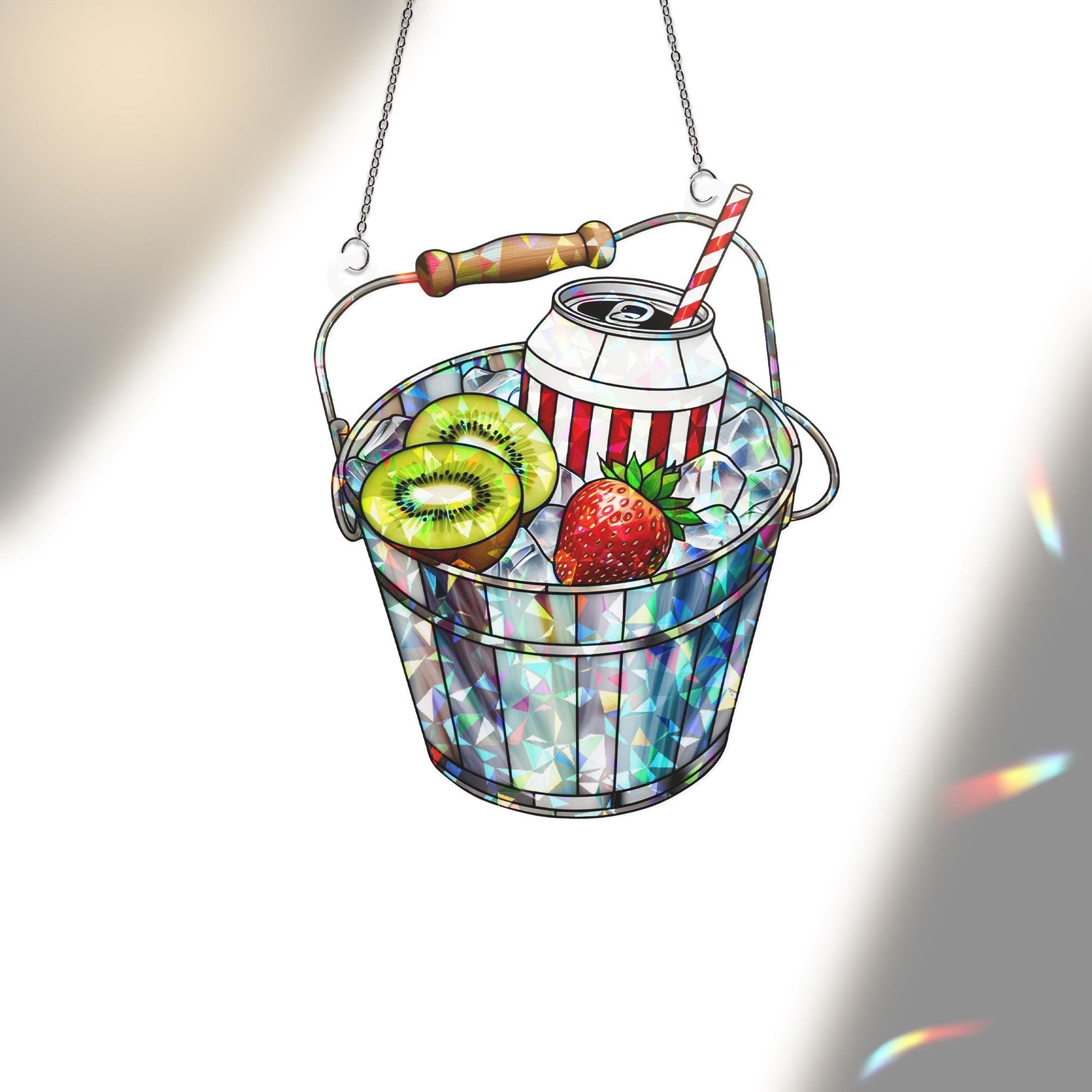 Bucket of Fruit Hologram Window Hanging | Summer Acrylic Suncatcher | Colorful Kitchen Window Decor | Fruit Lover Gift Art