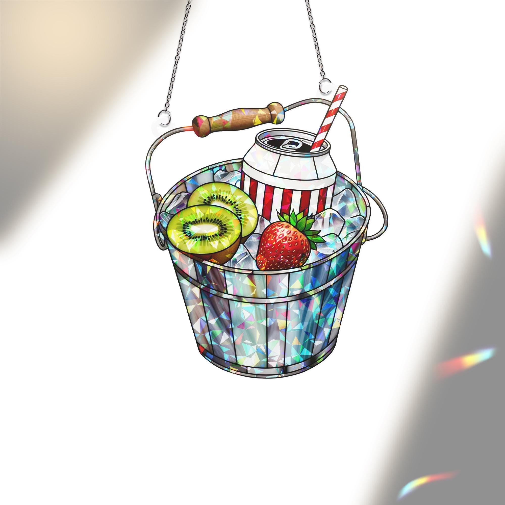 Bucket of Fruit Hologram Window Hanging | Summer Acrylic Suncatcher | Colorful Kitchen Window Decor | Fruit Lover Gift Art
