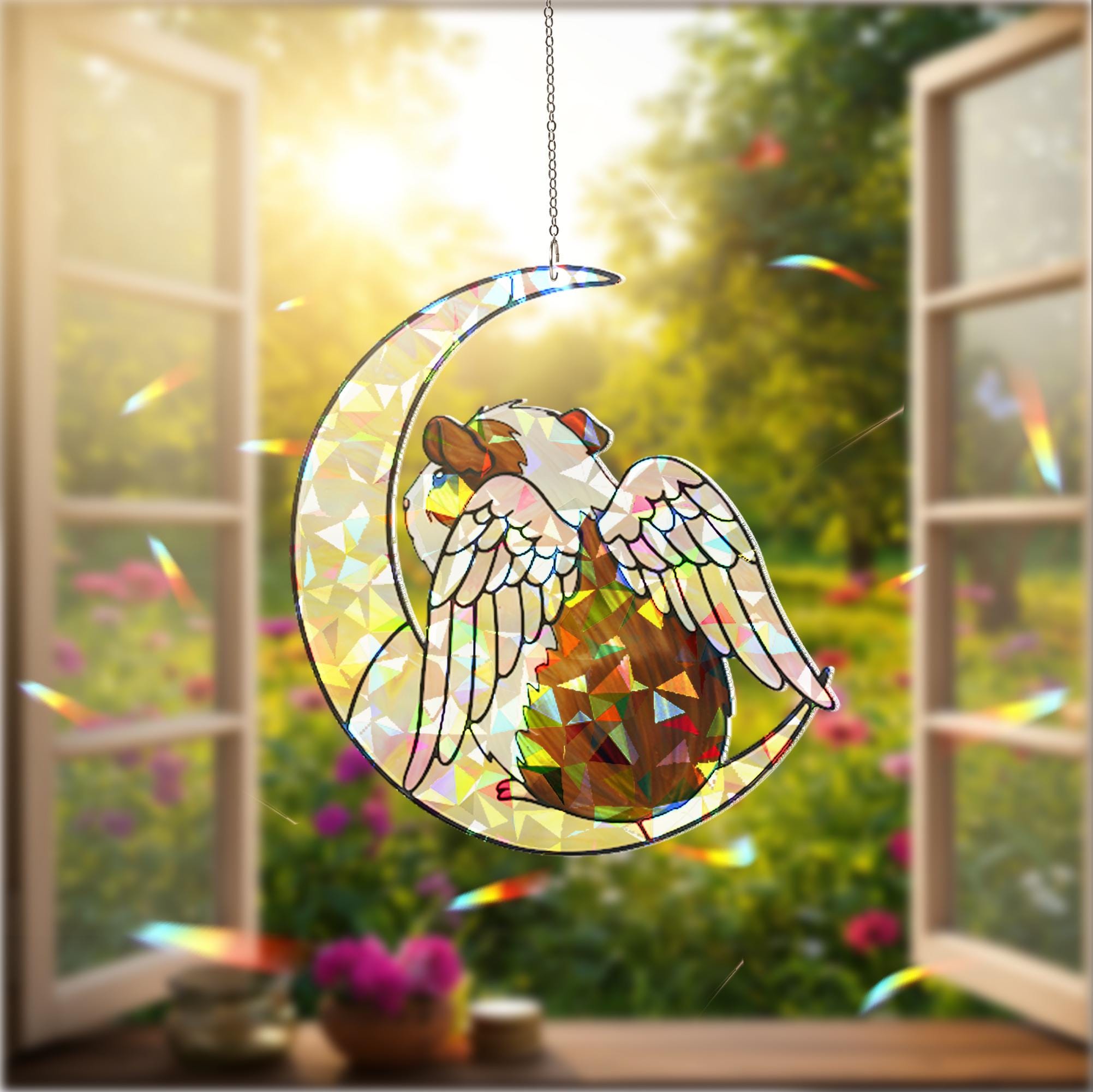 Dutch Guinea Pig on Crescent Moon, Acrylic Hologram Window Hanging, Guinea Pig Memorial, Guinea Pig Mom Gift, Pet Loss Decor, Window Art