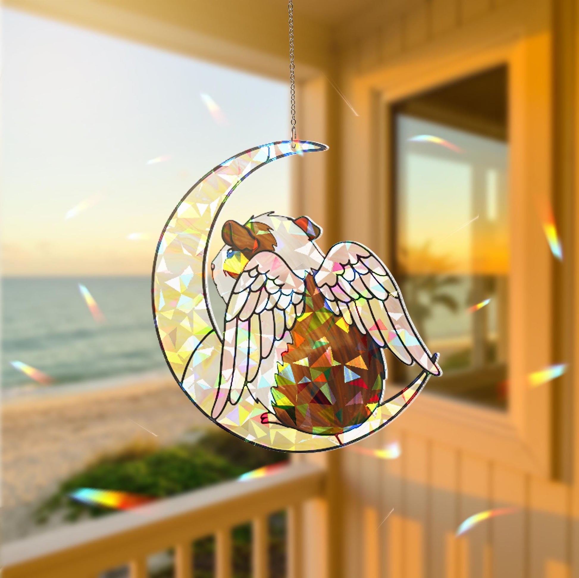 Dutch Guinea Pig on Crescent Moon, Acrylic Hologram Window Hanging, Guinea Pig Memorial, Guinea Pig Mom Gift, Pet Loss Decor, Window Art