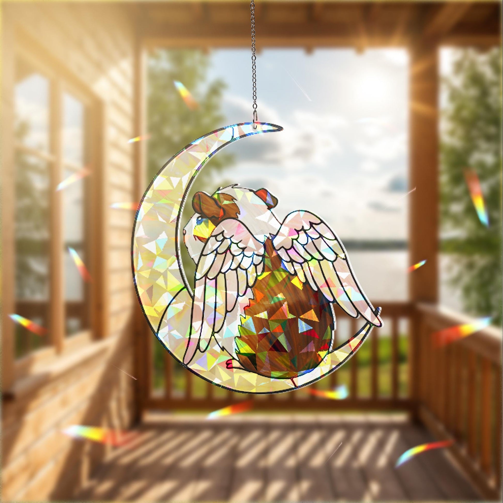 Dutch Guinea Pig on Crescent Moon, Acrylic Hologram Window Hanging, Guinea Pig Memorial, Guinea Pig Mom Gift, Pet Loss Decor, Window Art