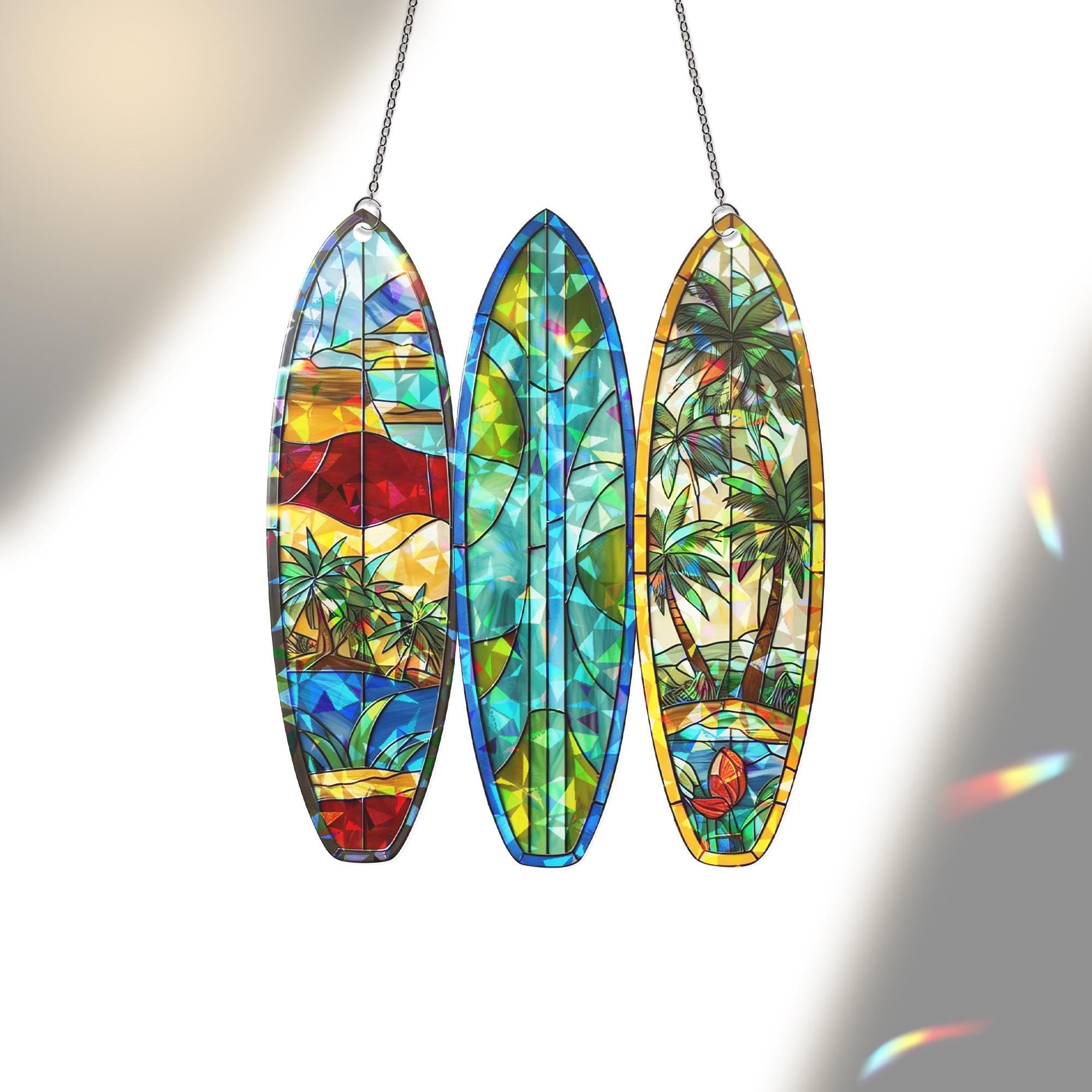 Surfboard Hologram Acrylic Window Hanging | Coastal Beach Decor | Summer Vibes Suncatcher | Ocean Wave Surfer Gift Art