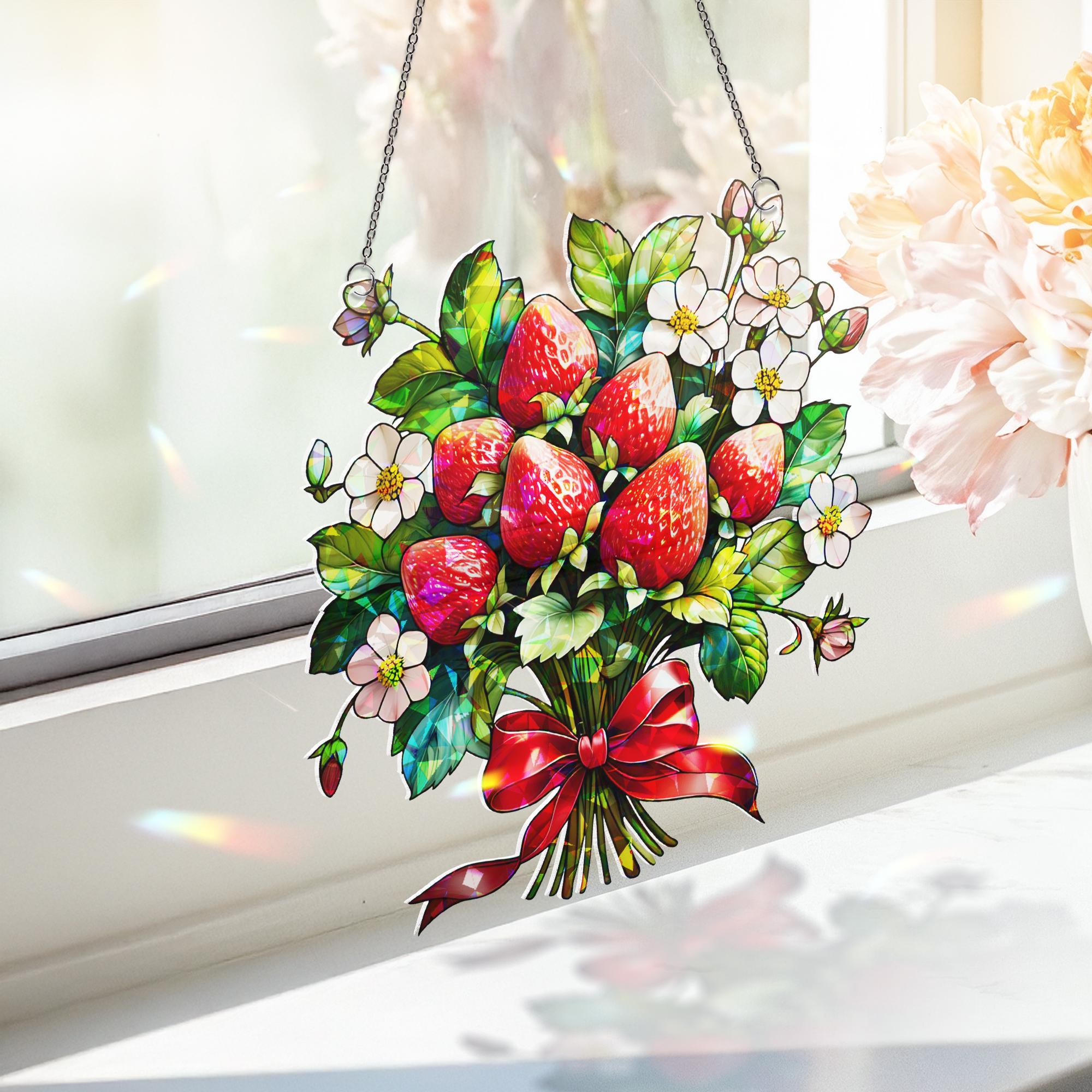 Strawberry Bouquet Hologram Acrylic Window Hanging | Cute Summer Suncatcher | Fruit Lover Kitchen Decor | Cottagecore Window Art