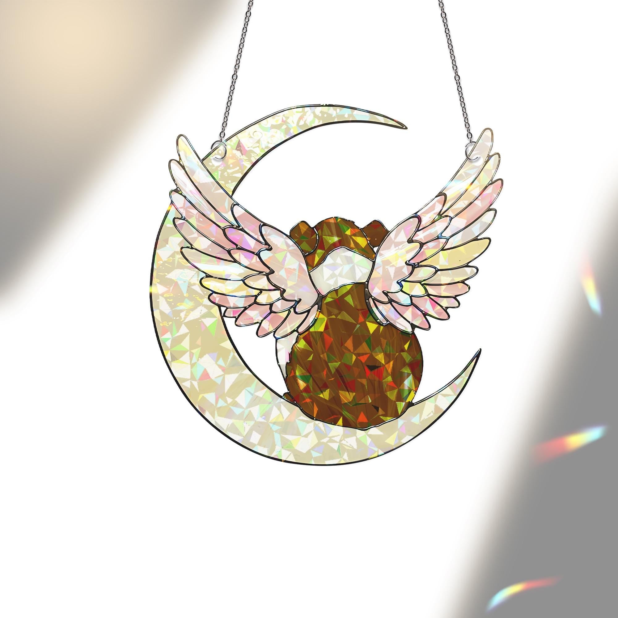 American Guinea Pig on Crescent Moon, Acrylic Hologram Window Hanging, Guinea Pig Memorial, Guinea Pig Mom Gift, Pet Loss Decor, Window Art