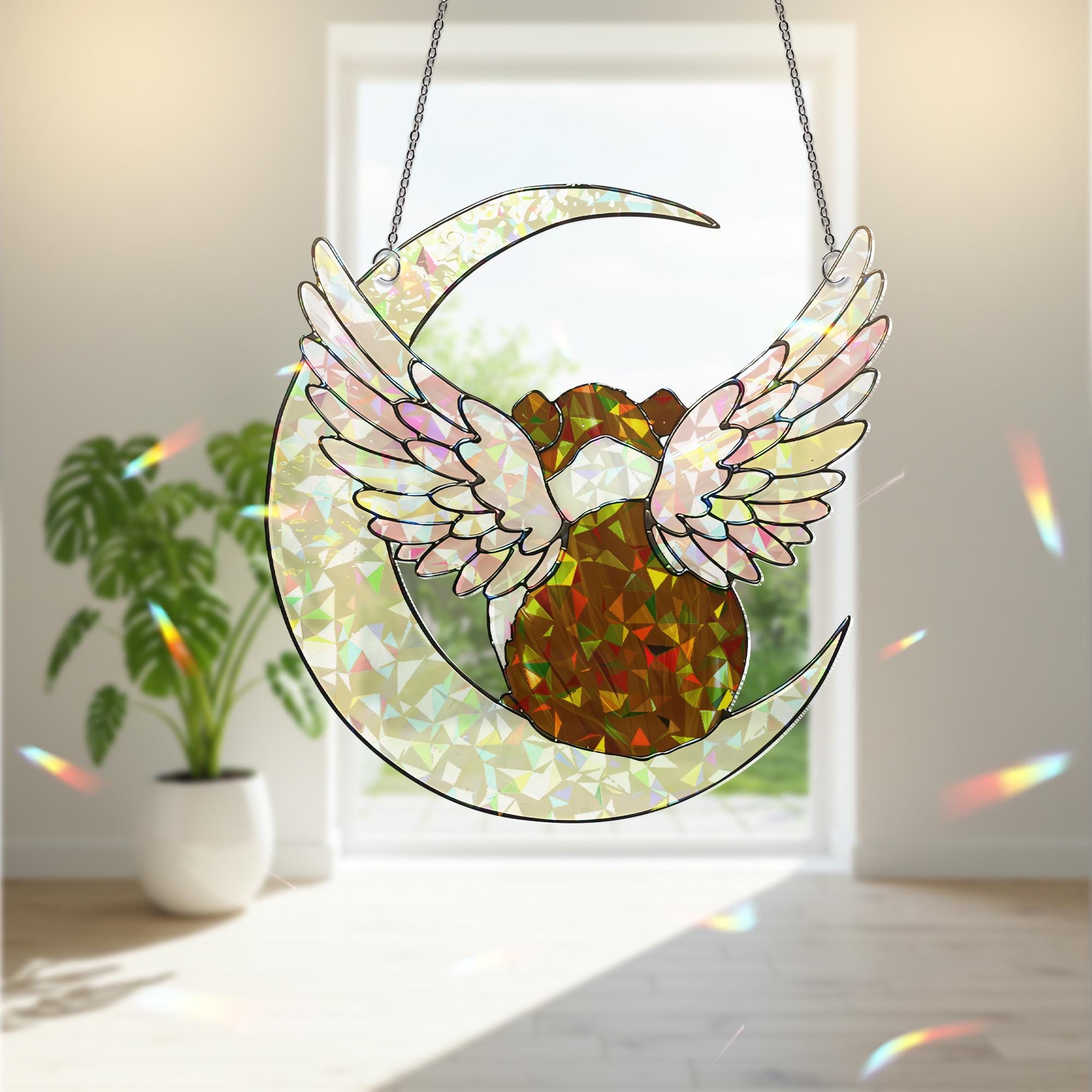 American Guinea Pig on Crescent Moon, Acrylic Hologram Window Hanging, Guinea Pig Memorial, Guinea Pig Mom Gift, Pet Loss Decor, Window Art
