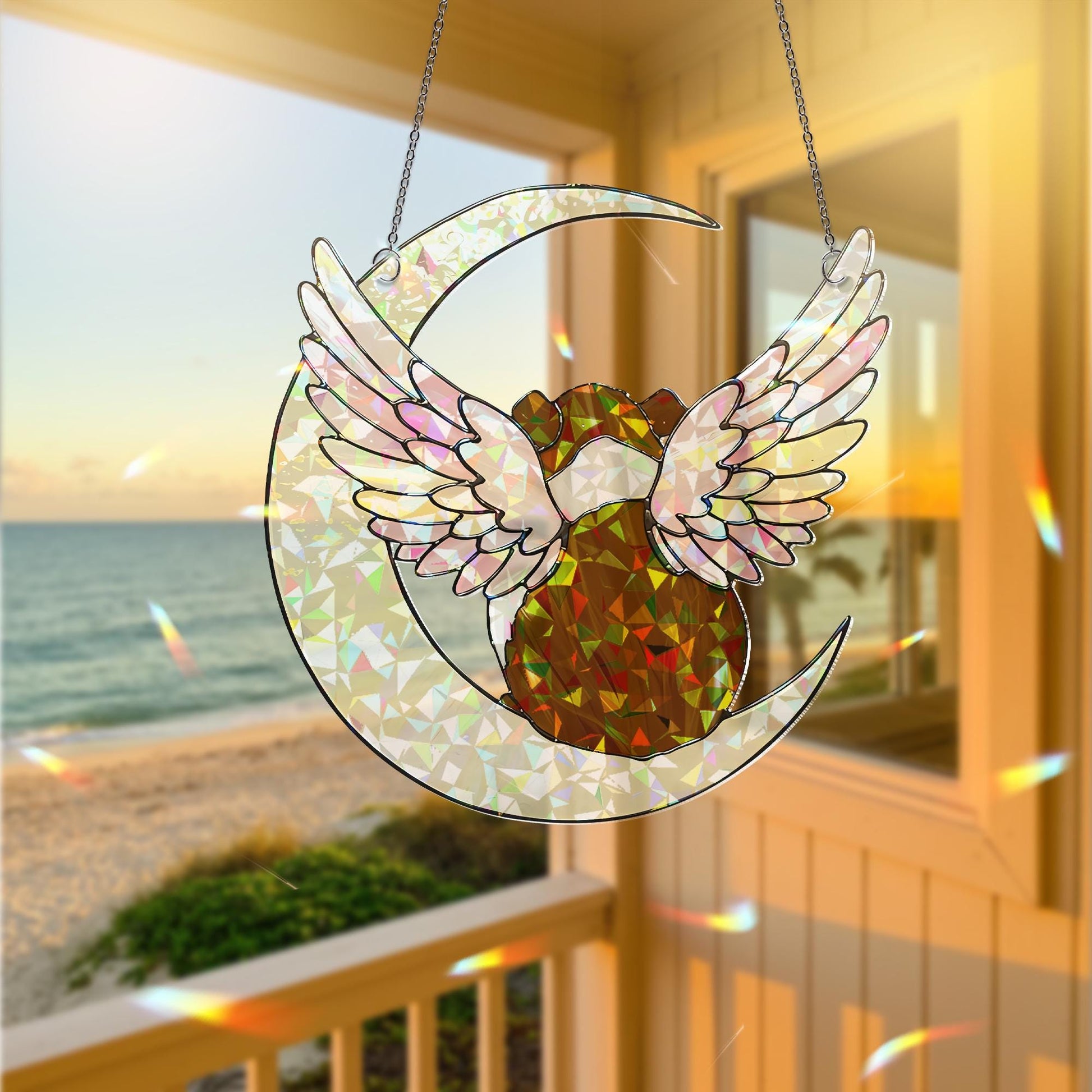 American Guinea Pig on Crescent Moon, Acrylic Hologram Window Hanging, Guinea Pig Memorial, Guinea Pig Mom Gift, Pet Loss Decor, Window Art