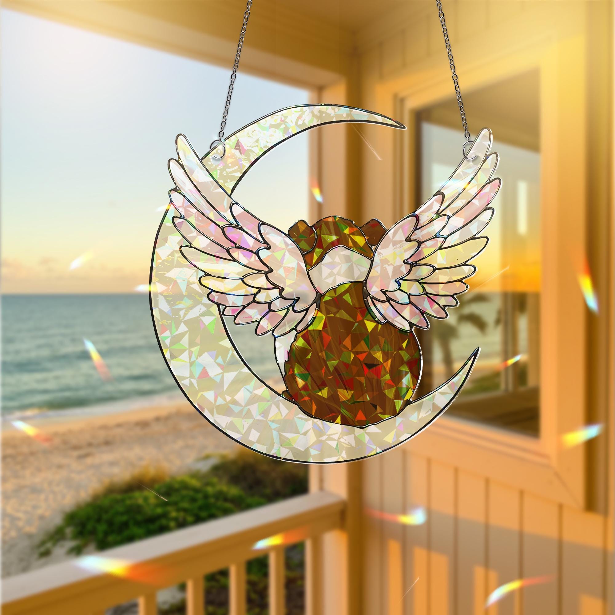 American Guinea Pig on Crescent Moon, Acrylic Hologram Window Hanging, Guinea Pig Memorial, Guinea Pig Mom Gift, Pet Loss Decor, Window Art