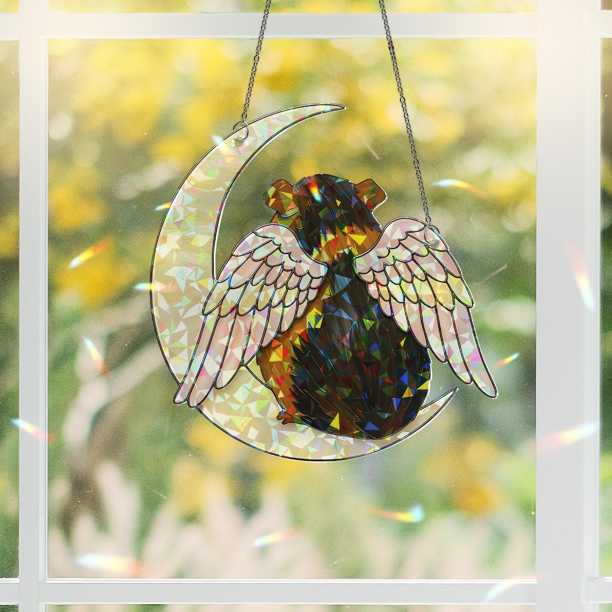 Black And Brown Guinea Pig on Crescent Moon, Acrylic Hologram Window Hanging, Guinea Pig Memorial, Guinea Pig Mom Gift, Pet Loss Decor