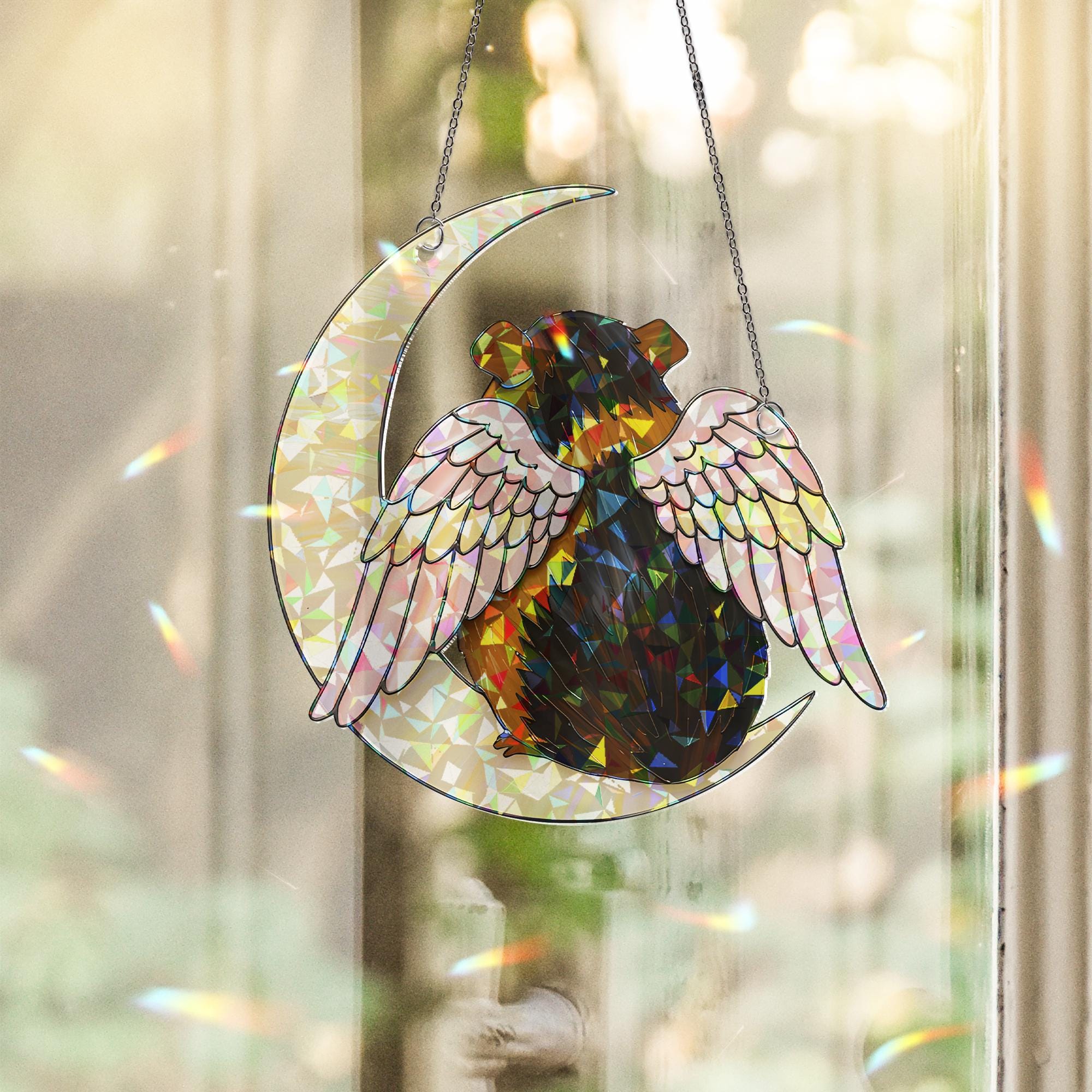 Black And Brown Guinea Pig on Crescent Moon, Acrylic Hologram Window Hanging, Guinea Pig Memorial, Guinea Pig Mom Gift, Pet Loss Decor