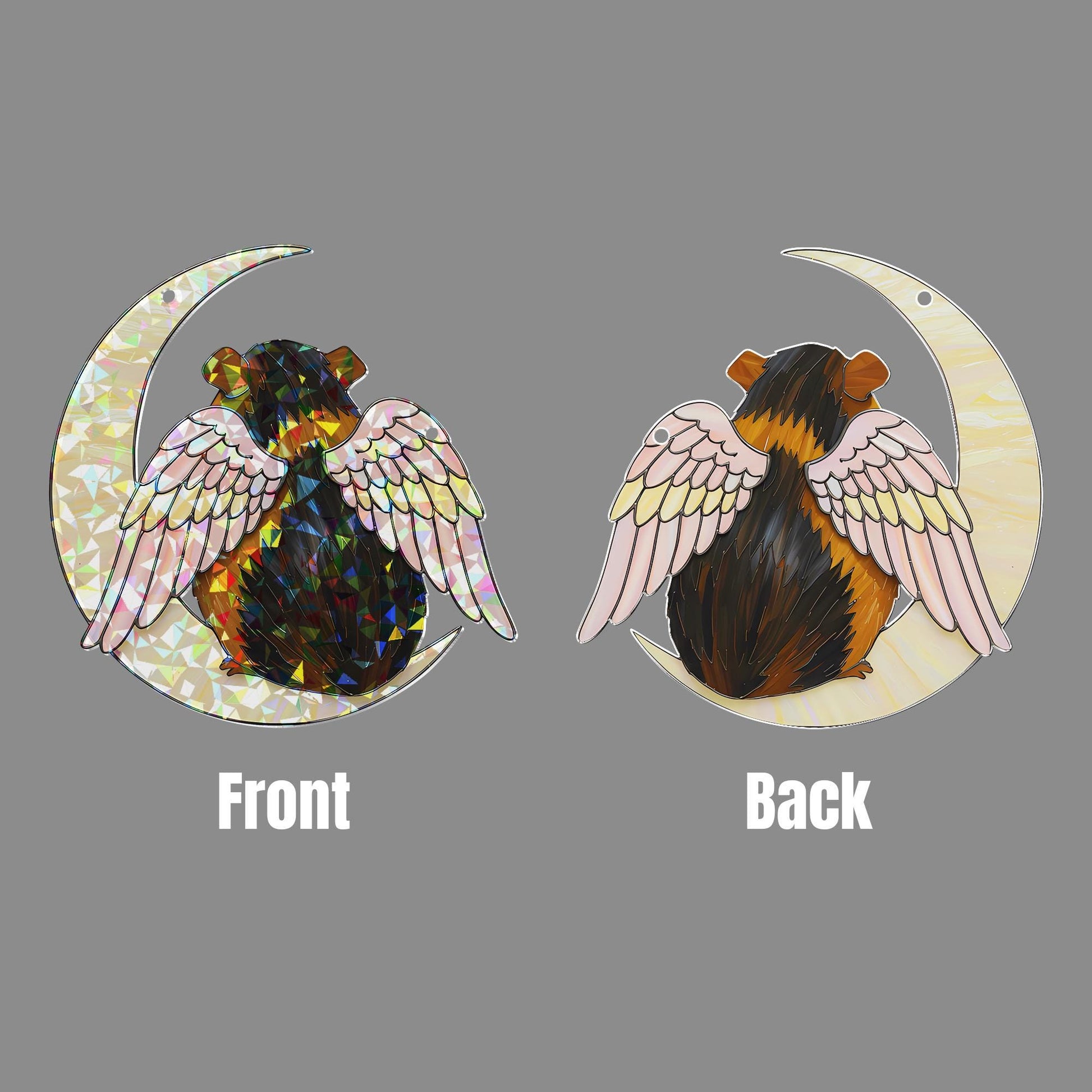 Black And Brown Guinea Pig on Crescent Moon, Acrylic Hologram Window Hanging, Guinea Pig Memorial, Guinea Pig Mom Gift, Pet Loss Decor
