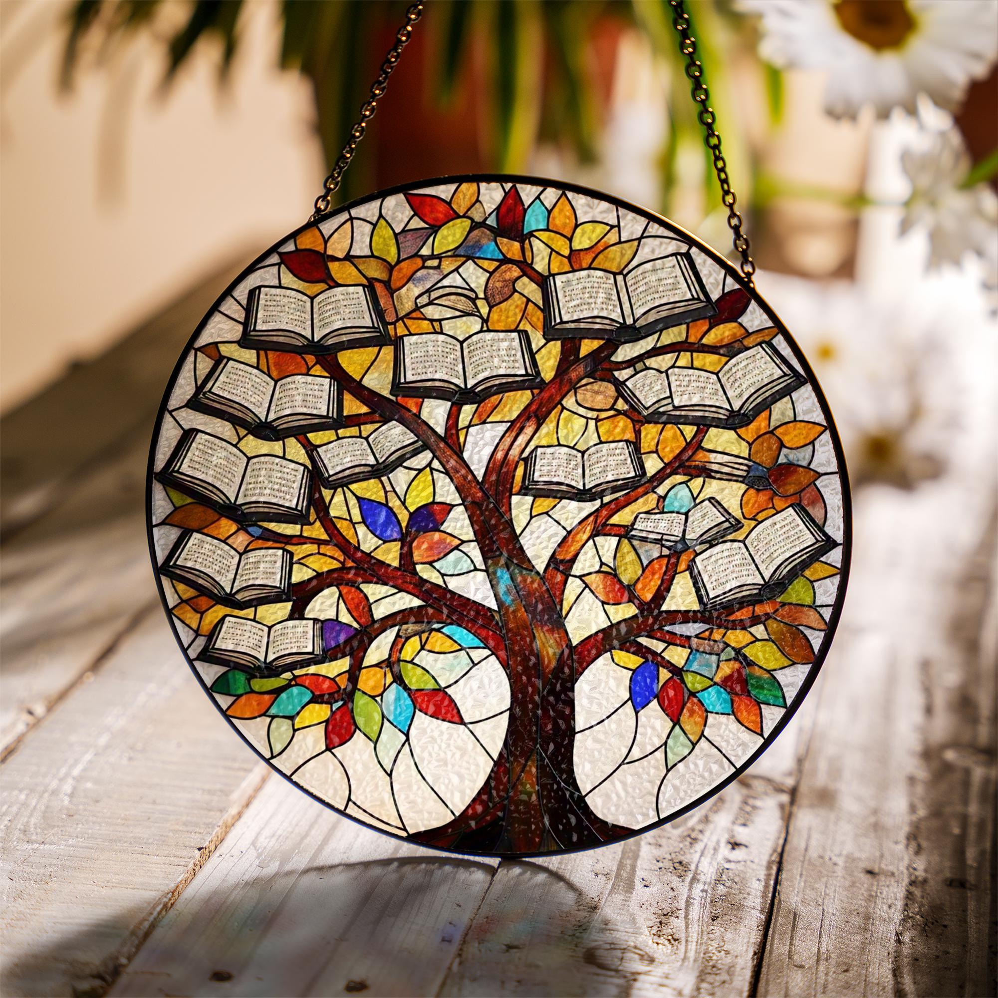 Tree and Book Glass Suncatcher | Book Lover Window Decor | Nature Reading Art | Cozy Library Gift | Literary Glass Hanging