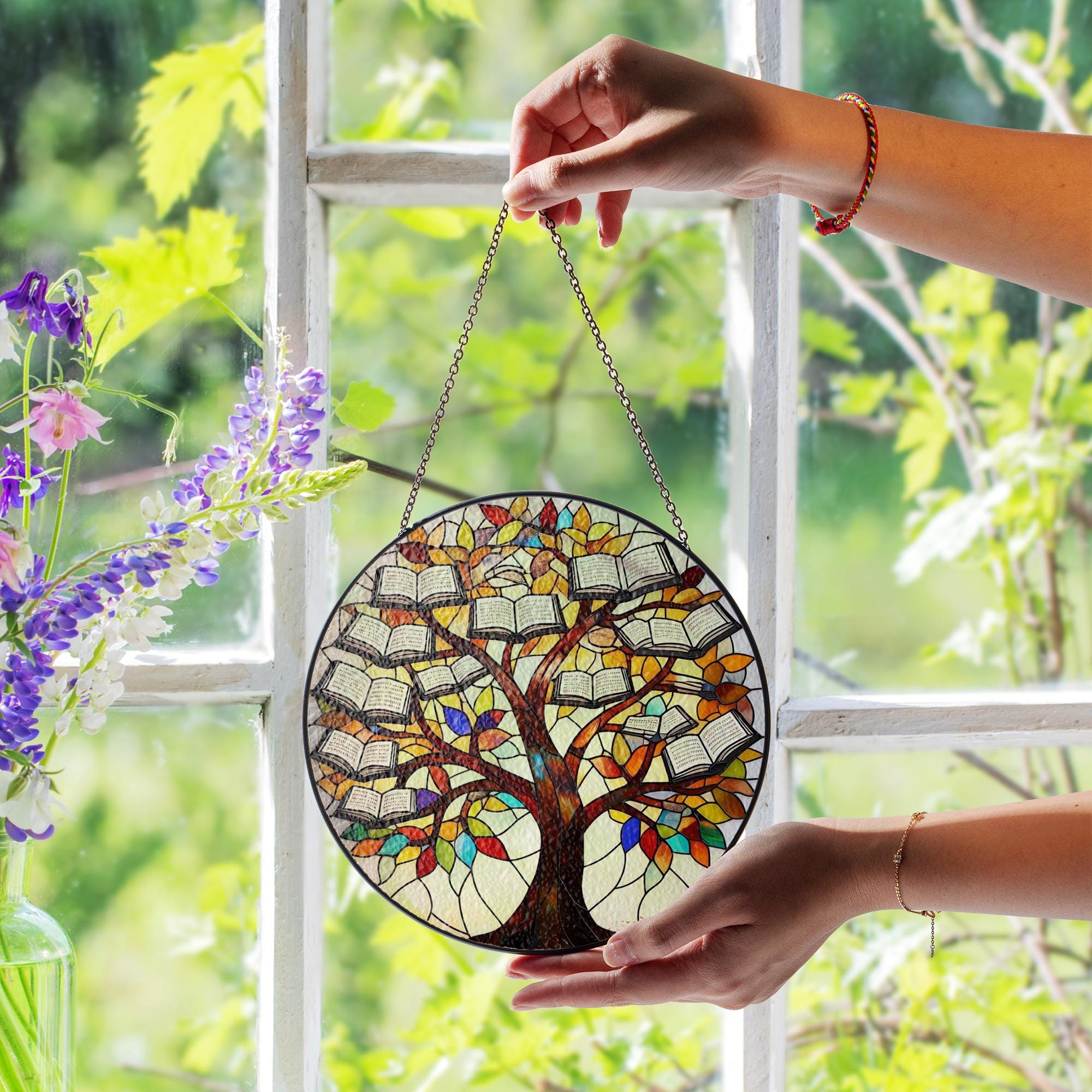 Tree and Book Glass Suncatcher | Book Lover Window Decor | Nature Reading Art | Cozy Library Gift | Literary Glass Hanging