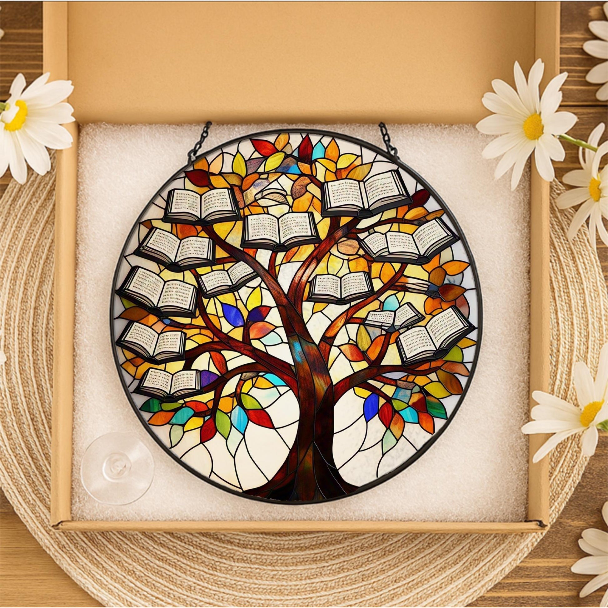 Tree and Book Glass Suncatcher | Book Lover Window Decor | Nature Reading Art | Cozy Library Gift | Literary Glass Hanging