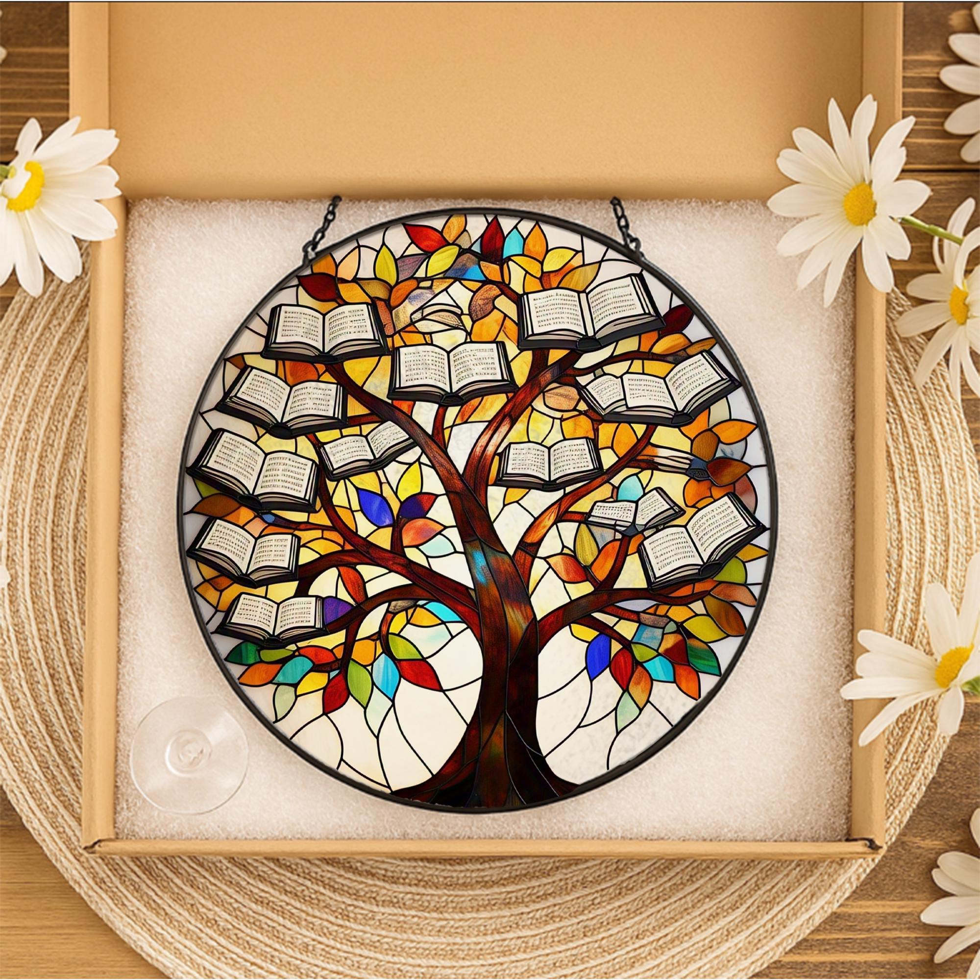 Tree and Book Glass Suncatcher | Book Lover Window Decor | Nature Reading Art | Cozy Library Gift | Literary Glass Hanging