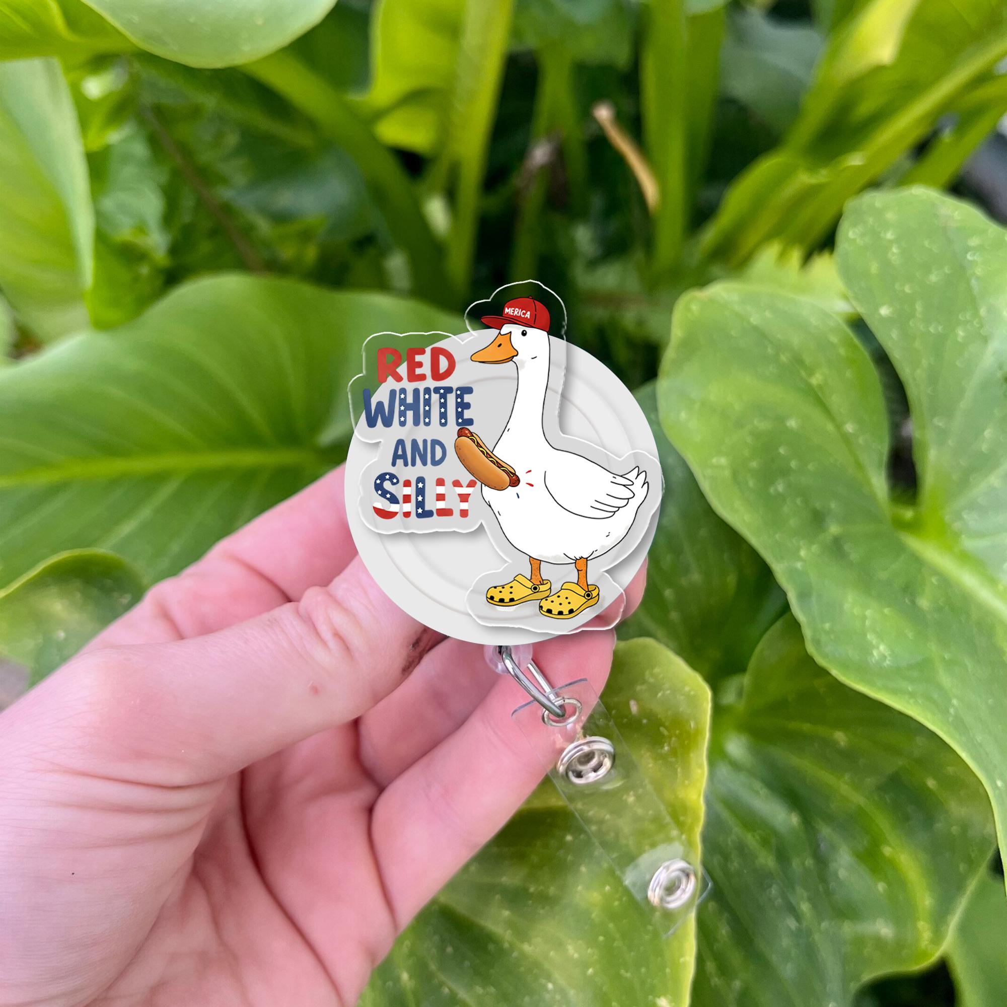 Red White and Silly Badge Reel | Funny Patriotic ID Clip | 4th of July Work Accessory | USA Retractable Badge Holder Gift