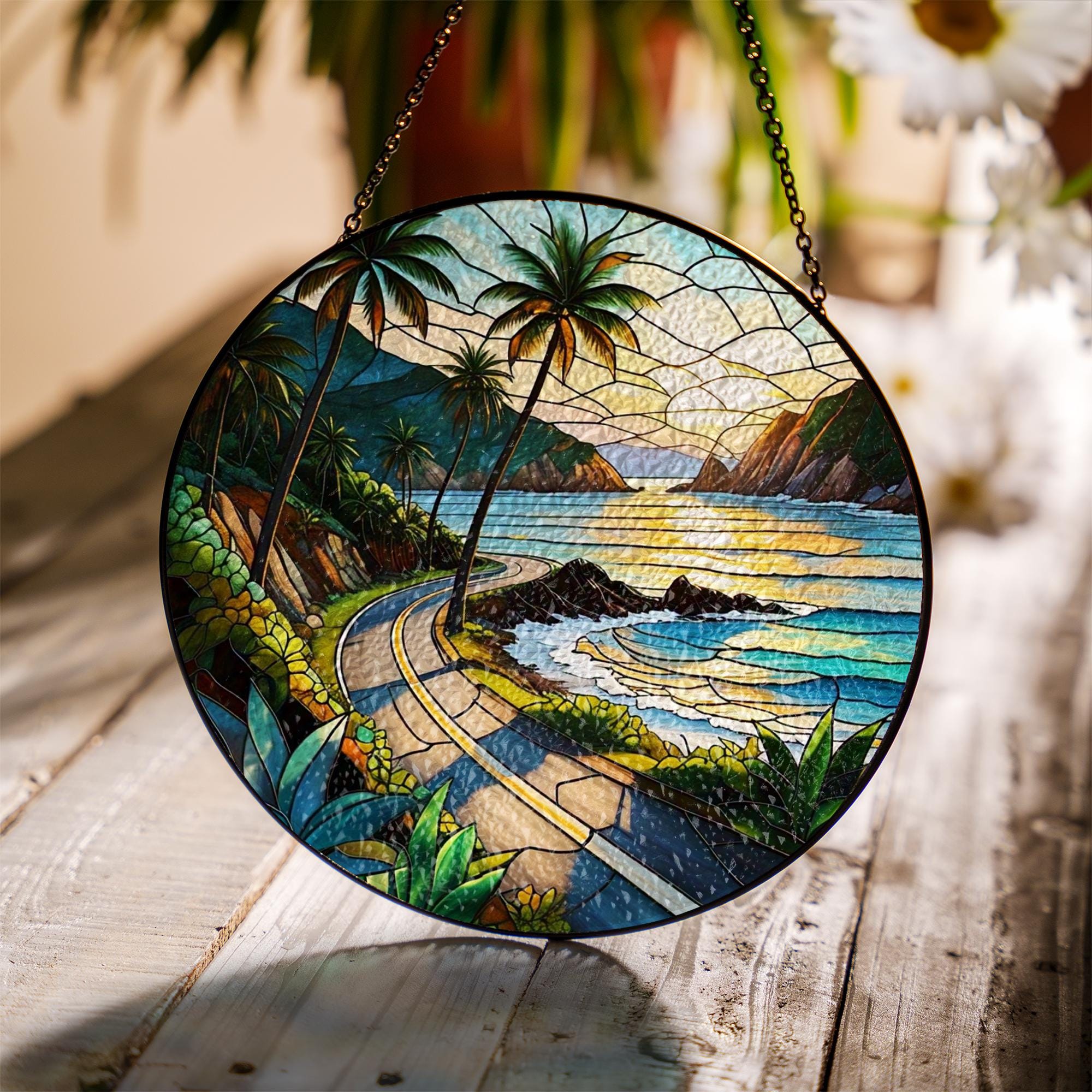 Road to the Beach Glass Suncatcher | Coastal Window Hanging | Summer Beach Drive Decor | Ocean Lover Gift | Handmade Glass Art