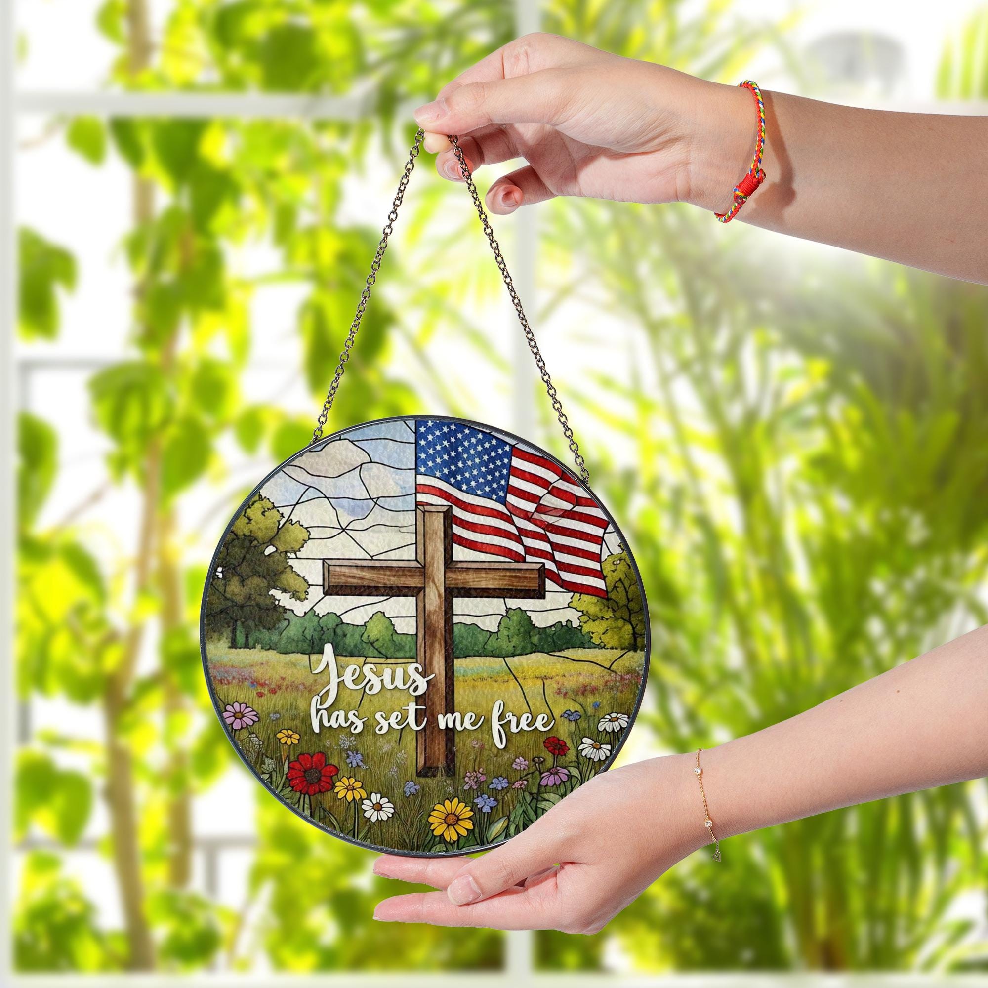 Cross America Glass Suncatcher | Patriotic Christian Window Decor | 4th of July Faith Gift | Red White Blue Church Art