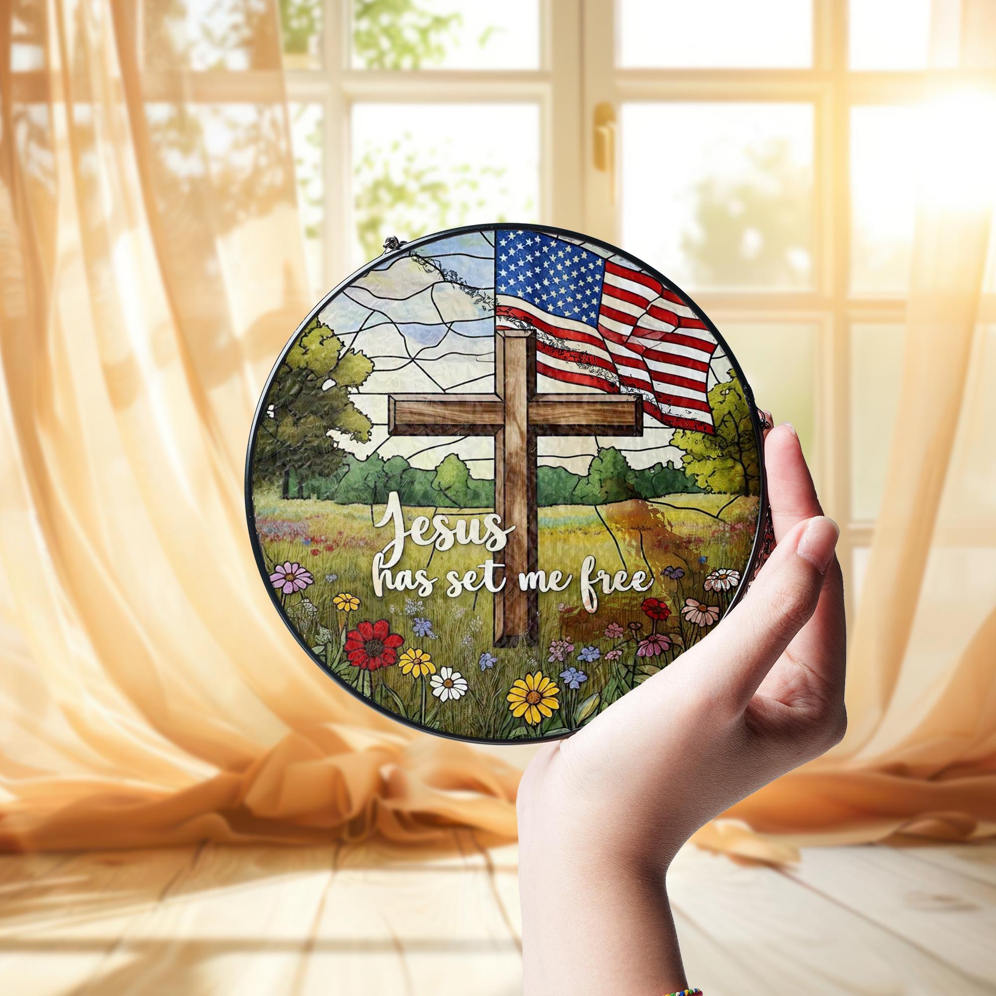 Cross America Glass Suncatcher | Patriotic Christian Window Decor | 4th of July Faith Gift | Red White Blue Church Art