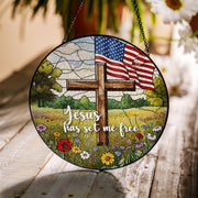 Cross America Glass Suncatcher | Patriotic Christian Window Decor | 4th of July Faith Gift | Red White Blue Church Art