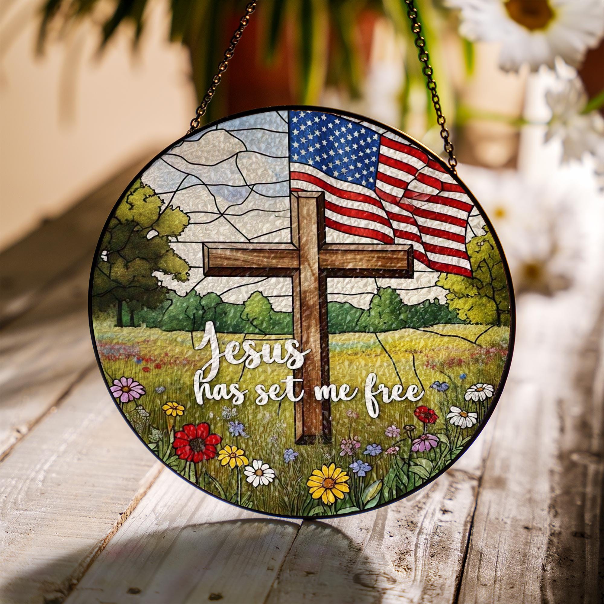 Cross America Glass Suncatcher | Patriotic Christian Window Decor | 4th of July Faith Gift | Red White Blue Church Art