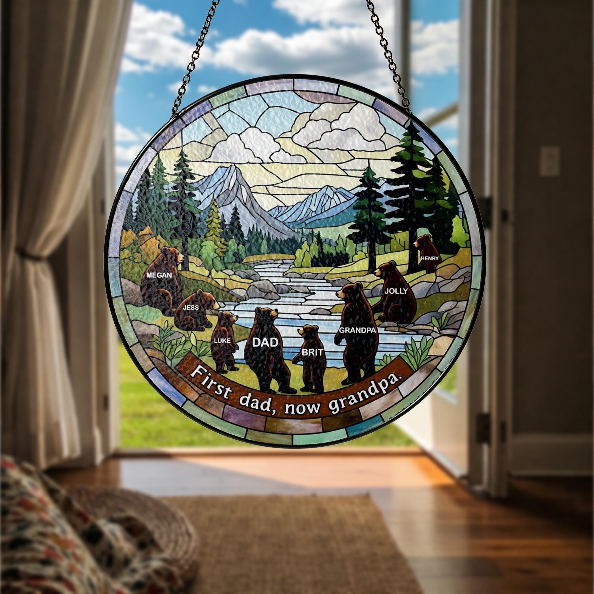 Personalized Bear Family Glass Suncatcher – "First Dad, Now Grandpa" Gift for Father's Day, Grandpa Birthday, Custom Names Grandchild Gift