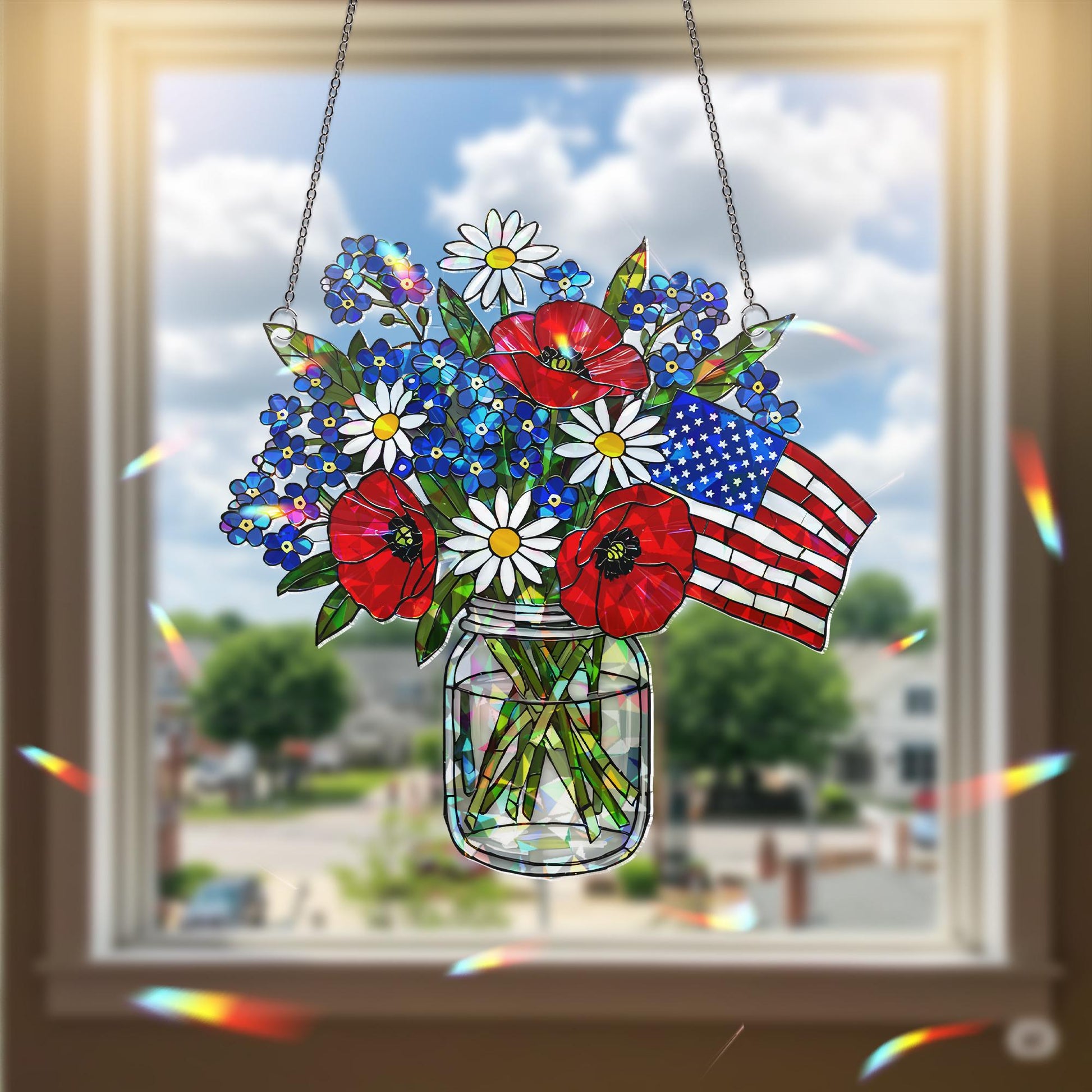 Patriotic Flower Suncatcher, Holographic Window Hanging, Red White Blue Floral Decor, Acrylic Flag Jar Art, Memorial Gift, 4th July Decor