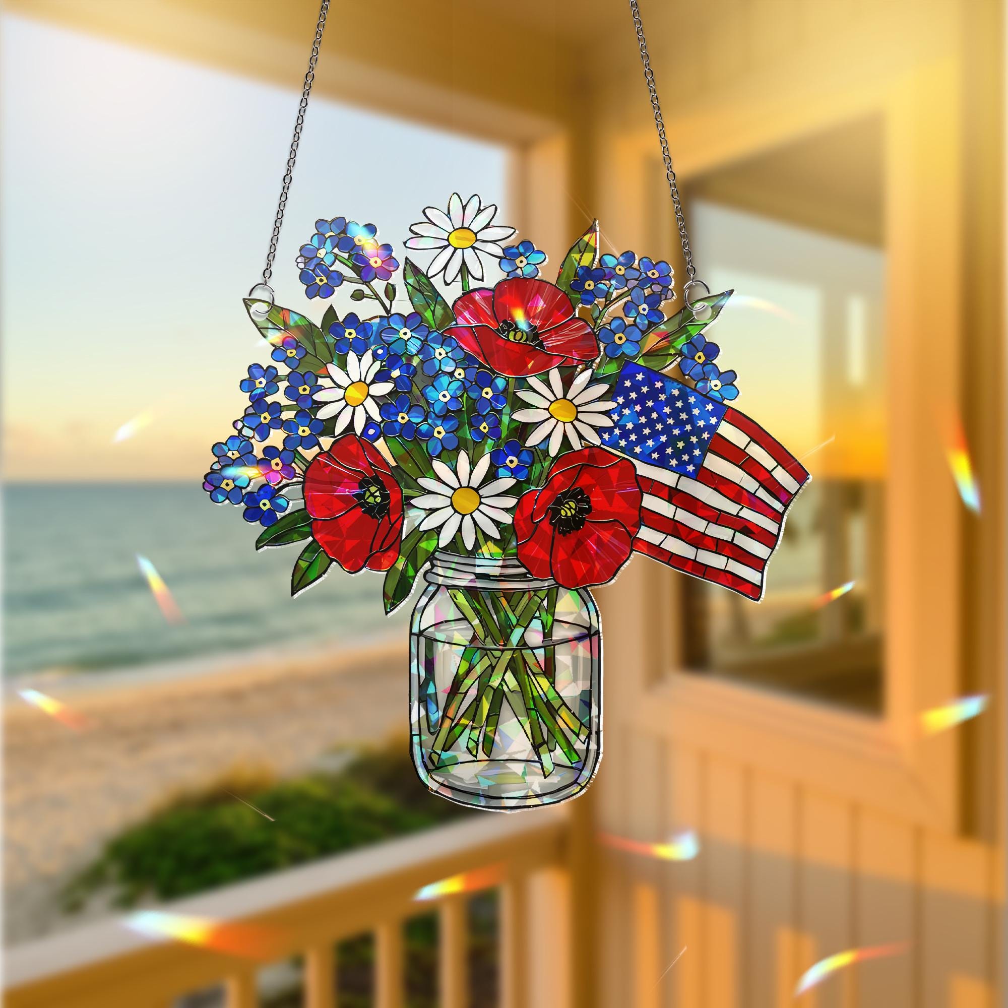Patriotic Flower Suncatcher, Holographic Window Hanging, Red White Blue Floral Decor, Acrylic Flag Jar Art, Memorial Gift, 4th July Decor
