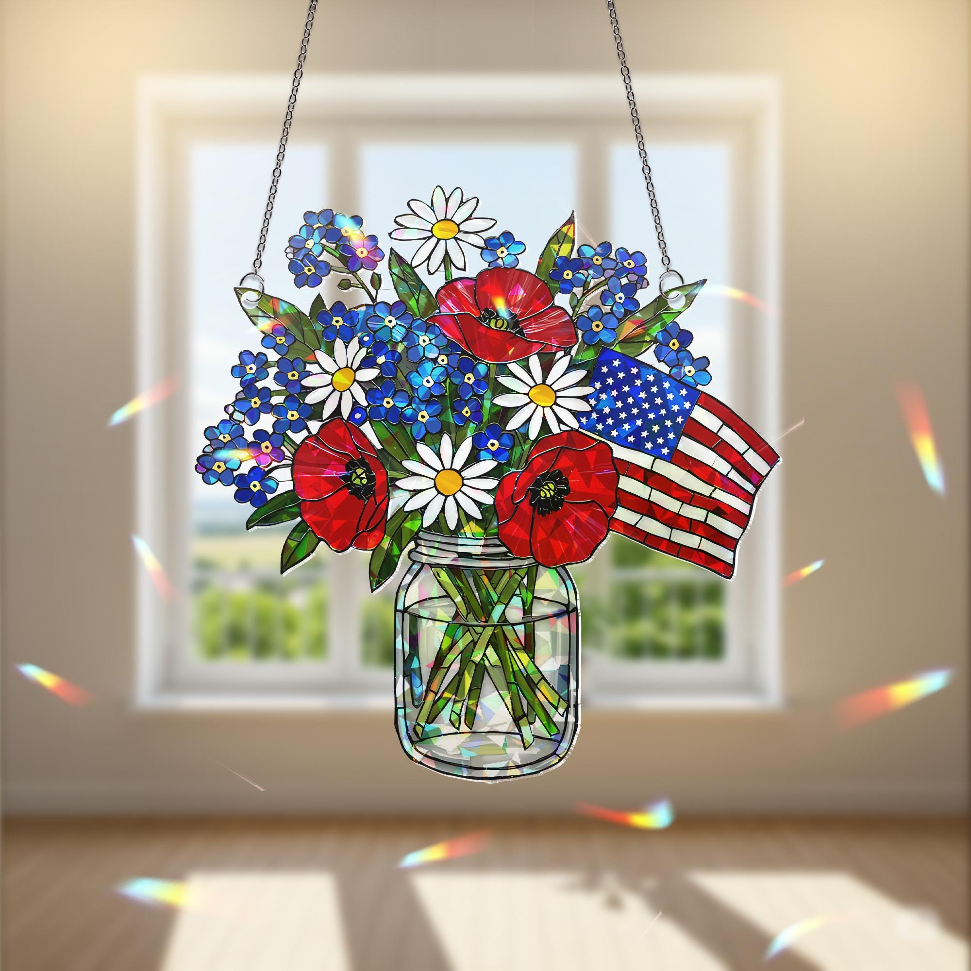 Patriotic Flower Suncatcher, Holographic Window Hanging, Red White Blue Floral Decor, Acrylic Flag Jar Art, Memorial Gift, 4th July Decor