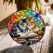 Cat with Book Glass Suncatcher | Book Lover Window Decor | Cozy Reading Nook Gift | Cat Lady Glass Art | Literary Cat Sun Catcher