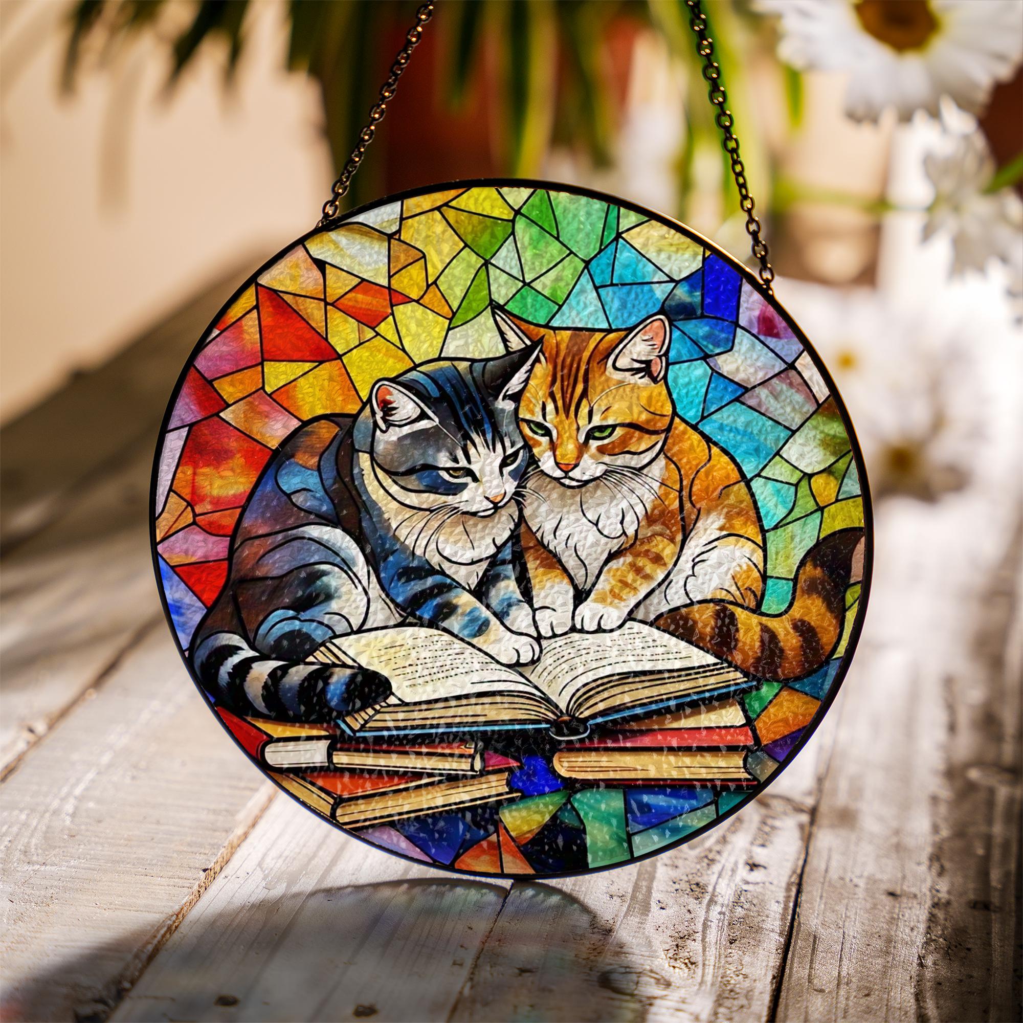 Cat with Book Glass Suncatcher | Book Lover Window Decor | Cozy Reading Nook Gift | Cat Lady Glass Art | Literary Cat Sun Catcher