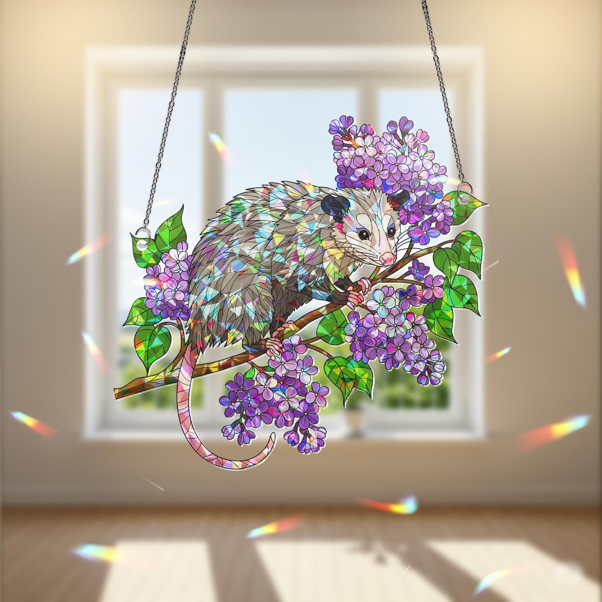 Possum Suncatcher, Lilac Flower Window Hanging, Holographic Acrylic Possum Decor, Cute Animal Gift, Spring Nature Window Art