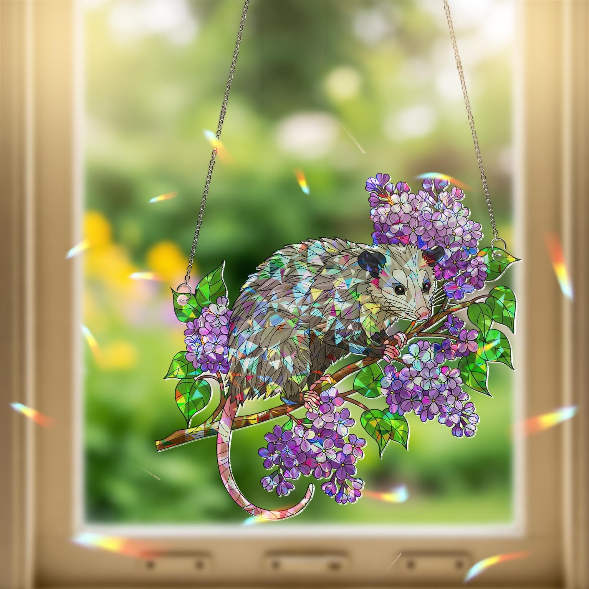 Possum Suncatcher, Lilac Flower Window Hanging, Holographic Acrylic Possum Decor, Cute Animal Gift, Spring Nature Window Art