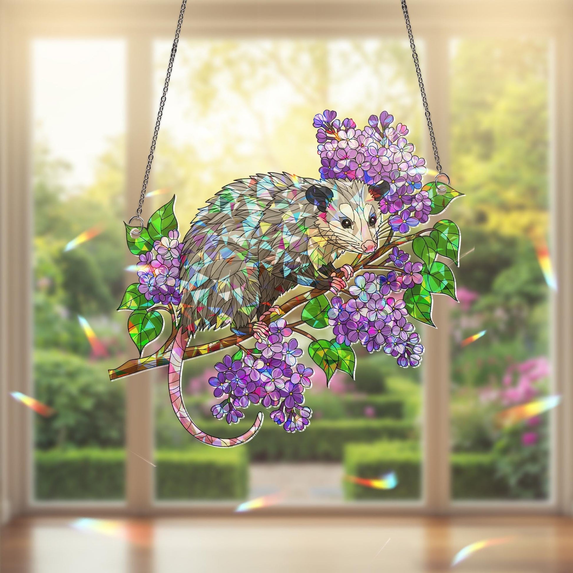 Possum Suncatcher, Lilac Flower Window Hanging, Holographic Acrylic Possum Decor, Cute Animal Gift, Spring Nature Window Art