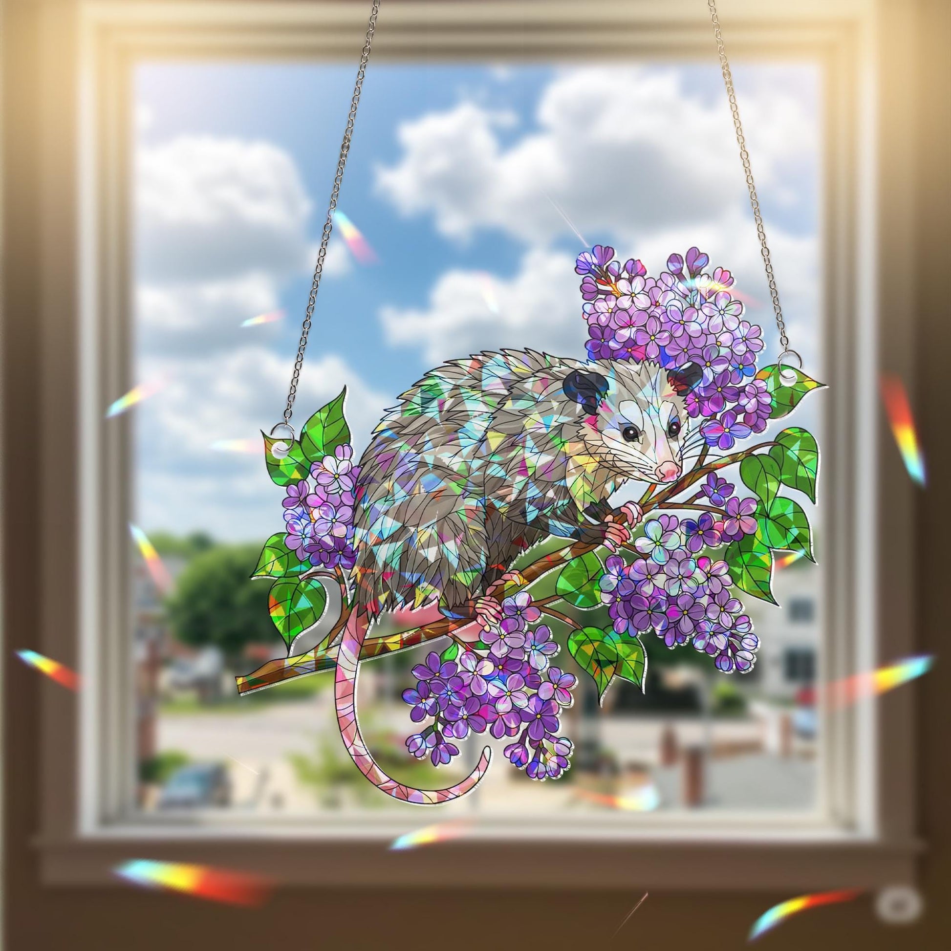 Possum Suncatcher, Lilac Flower Window Hanging, Holographic Acrylic Possum Decor, Cute Animal Gift, Spring Nature Window Art