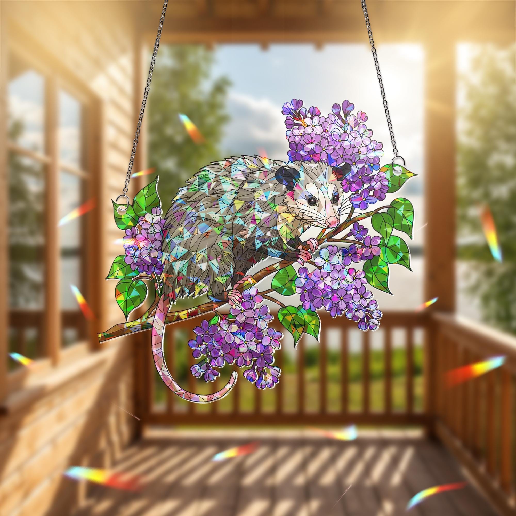 Possum Suncatcher, Lilac Flower Window Hanging, Holographic Acrylic Possum Decor, Cute Animal Gift, Spring Nature Window Art