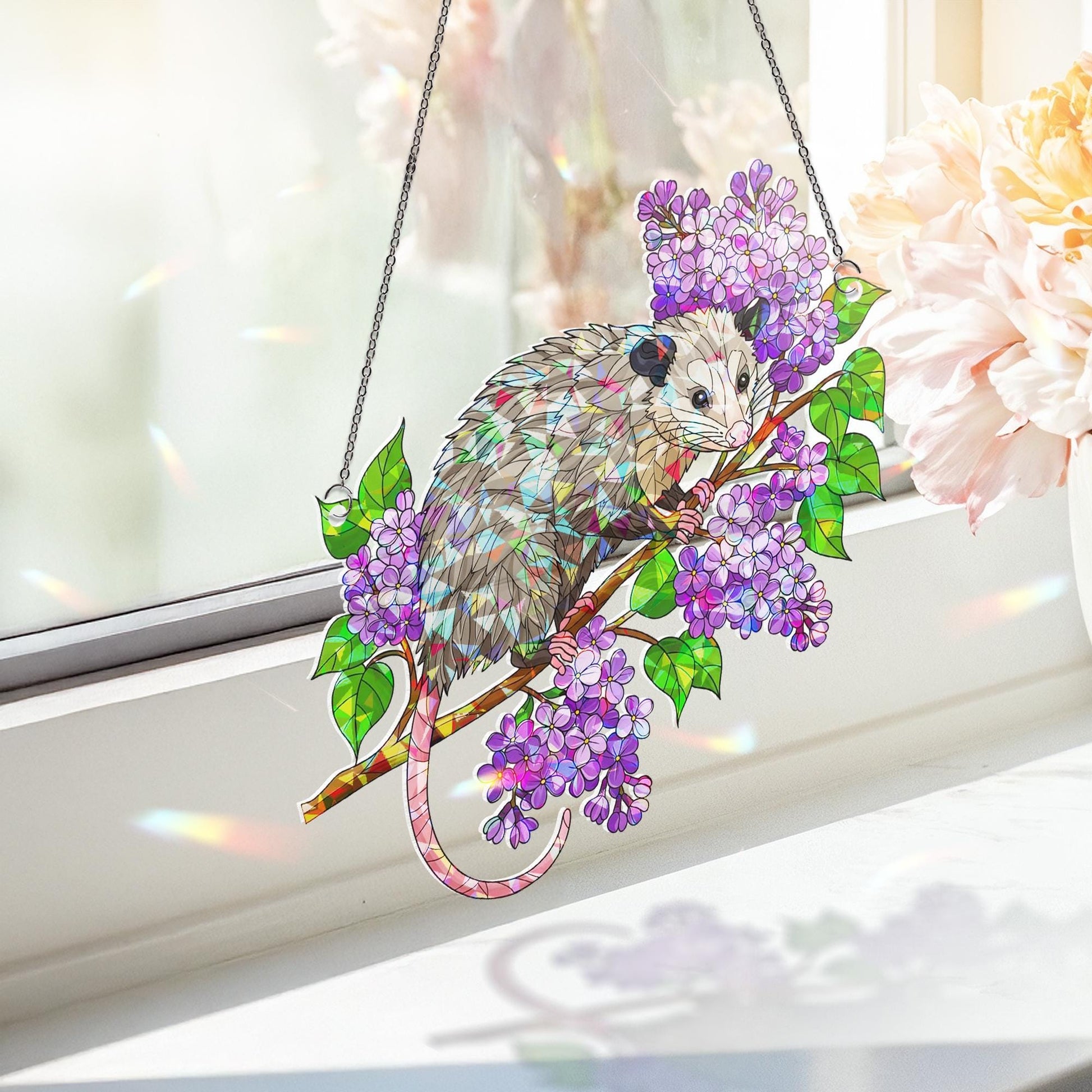 Possum Suncatcher, Lilac Flower Window Hanging, Holographic Acrylic Possum Decor, Cute Animal Gift, Spring Nature Window Art