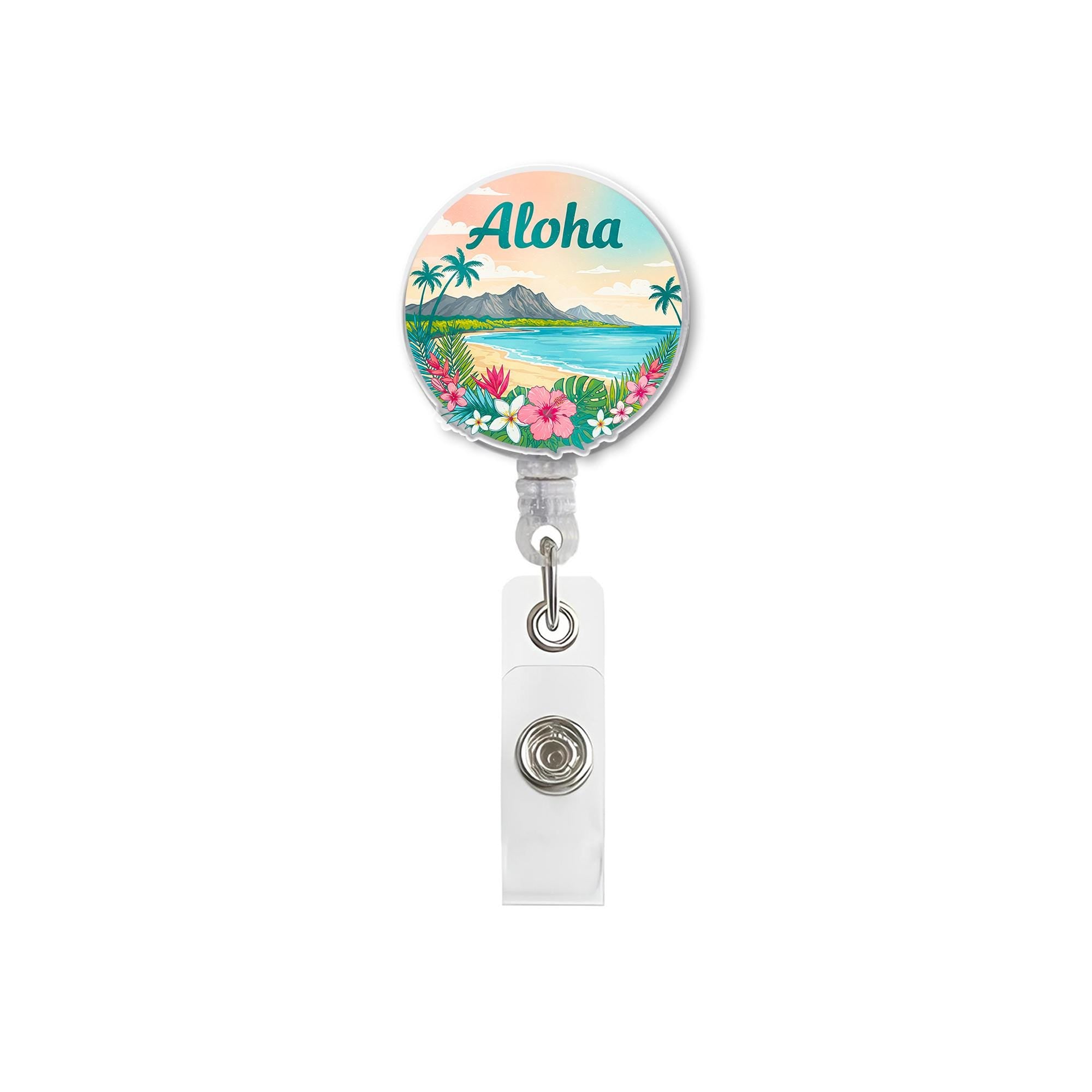 Aloha Beach Badge Reel, Tropical Ocean Sunset Retractable ID Holder, Hawaiian Flower Nurse Badge Clip, Summer Vacation Teacher Gift
