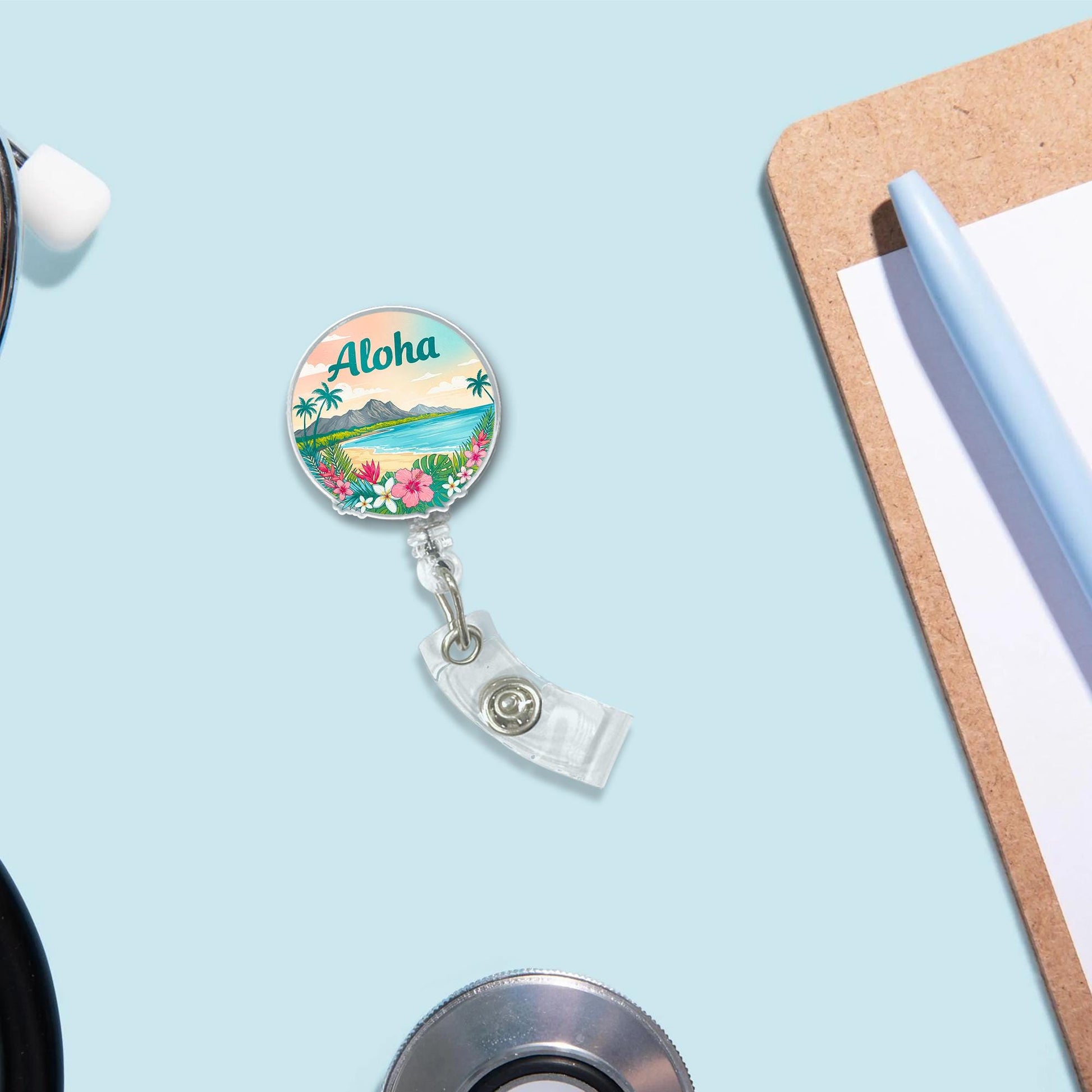 Aloha Beach Badge Reel, Tropical Ocean Sunset Retractable ID Holder, Hawaiian Flower Nurse Badge Clip, Summer Vacation Teacher Gift