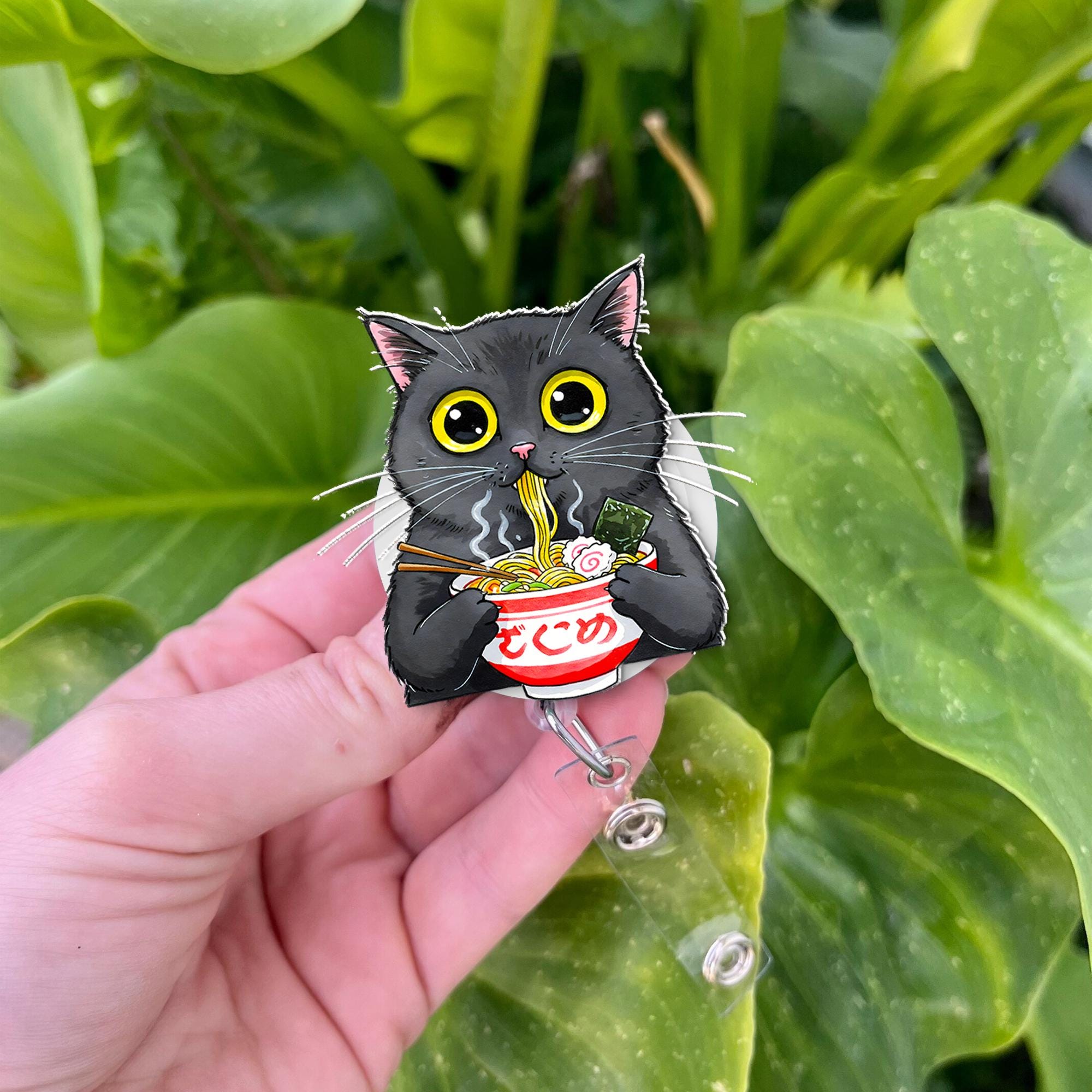 Cute Black Cat Eating Ramen Badge Reel - Kawaii Kitty Noodle Lover Retractable ID Holder - Funny Foodie Nurse Teacher Student Gift