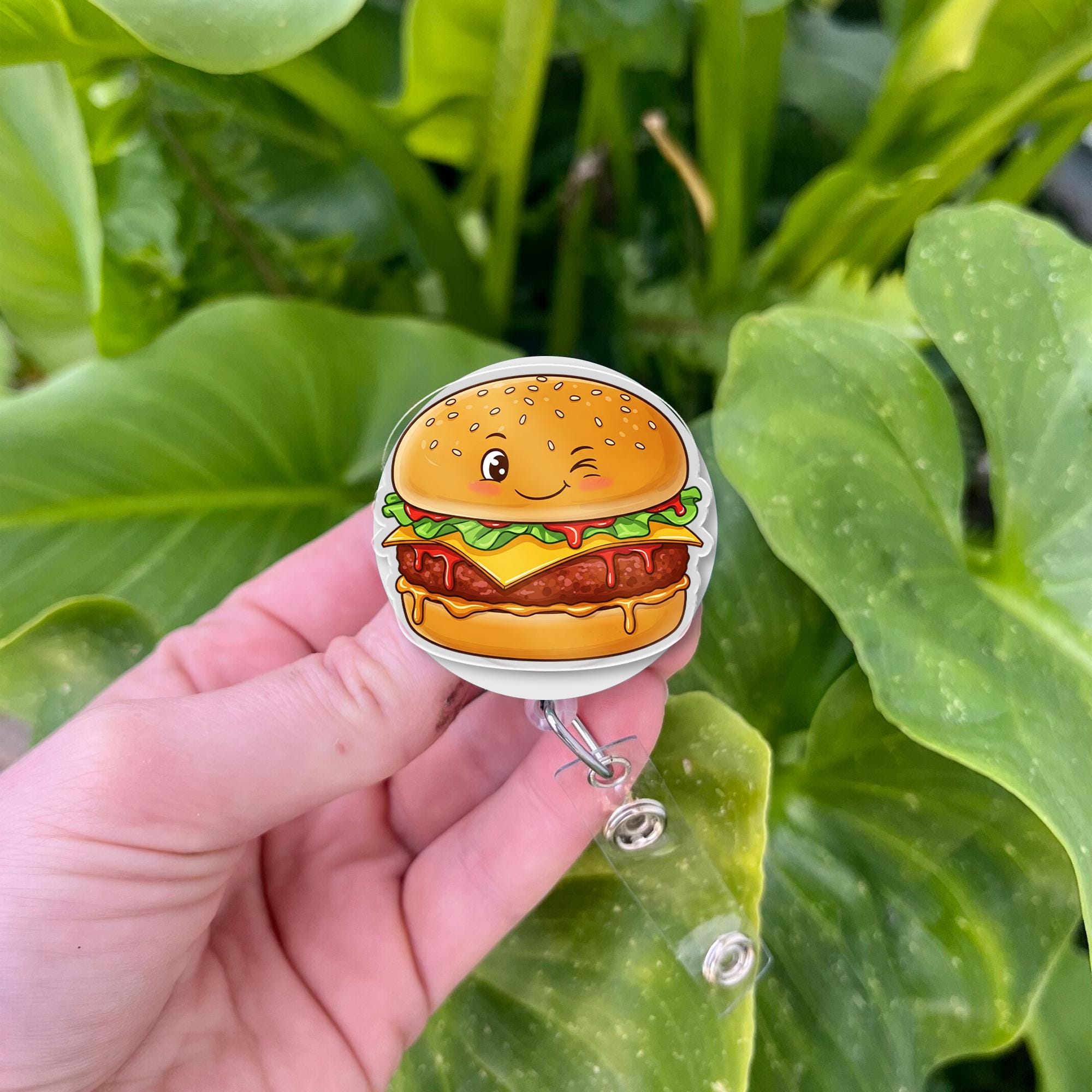 Adorable Winking Hamburger Badge Reel - Fun Foodie ID Holder for Nurses, Doctors, Teachers & Hospital Staff - Retractable Cute Charm