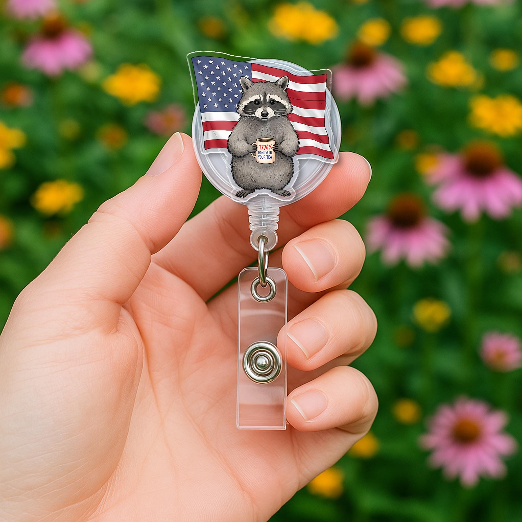 Patriotic Raccoon Badge Reel, Funny 4th of July ID Holder, USA Flag Badge Clip, Retractable Nurse Badge, Independence Day Gift