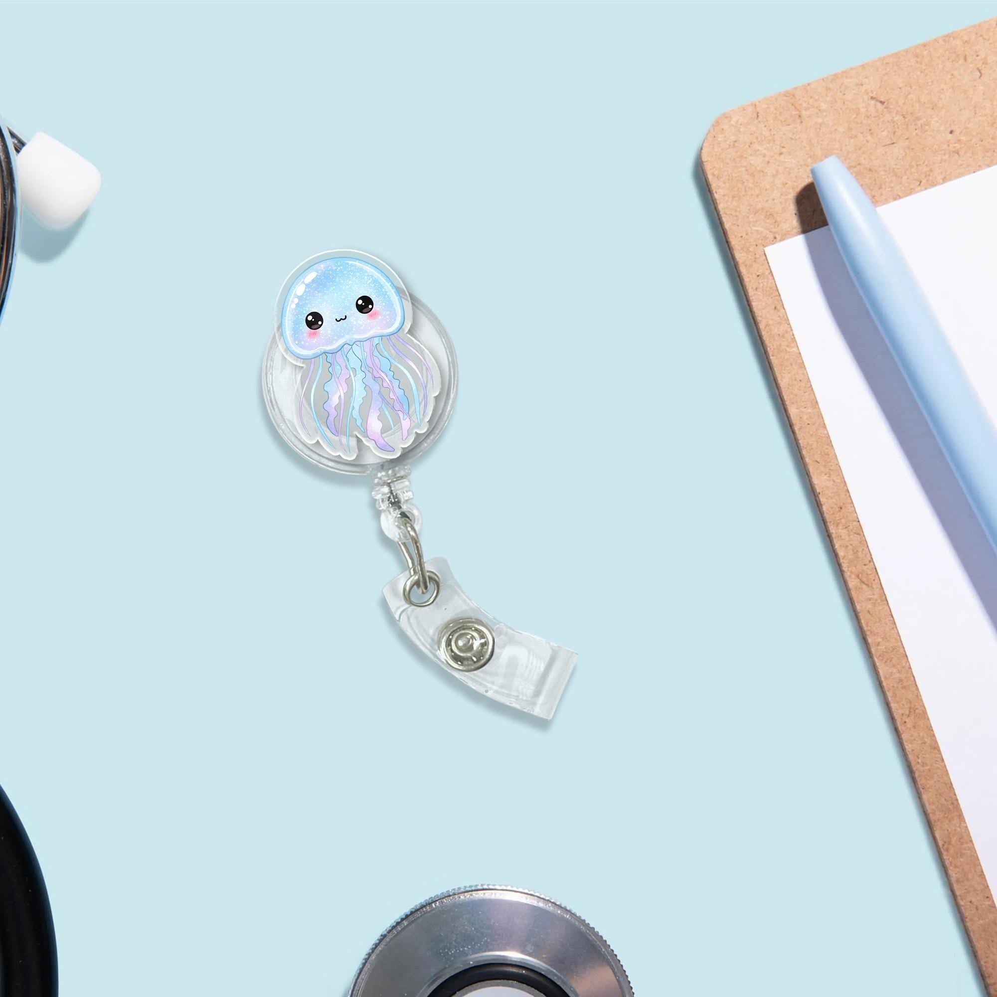 Cute Blue Jellyfish Retractable Badge Reel, Sparkly Kawaii Ocean Creature ID Holder, Nurse Doctor Student Gift, Under the Sea Work Accessory