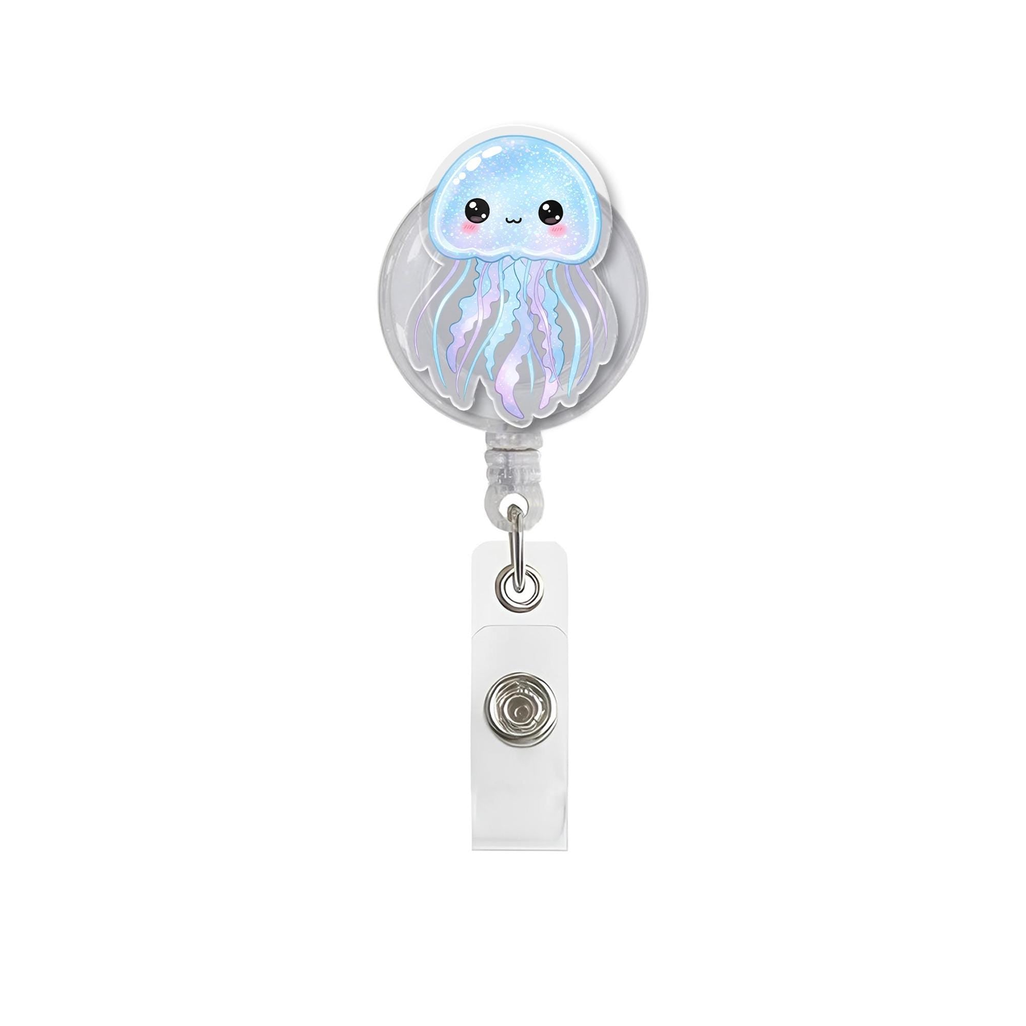 Cute Blue Jellyfish Retractable Badge Reel, Sparkly Kawaii Ocean Creature ID Holder, Nurse Doctor Student Gift, Under the Sea Work Accessory