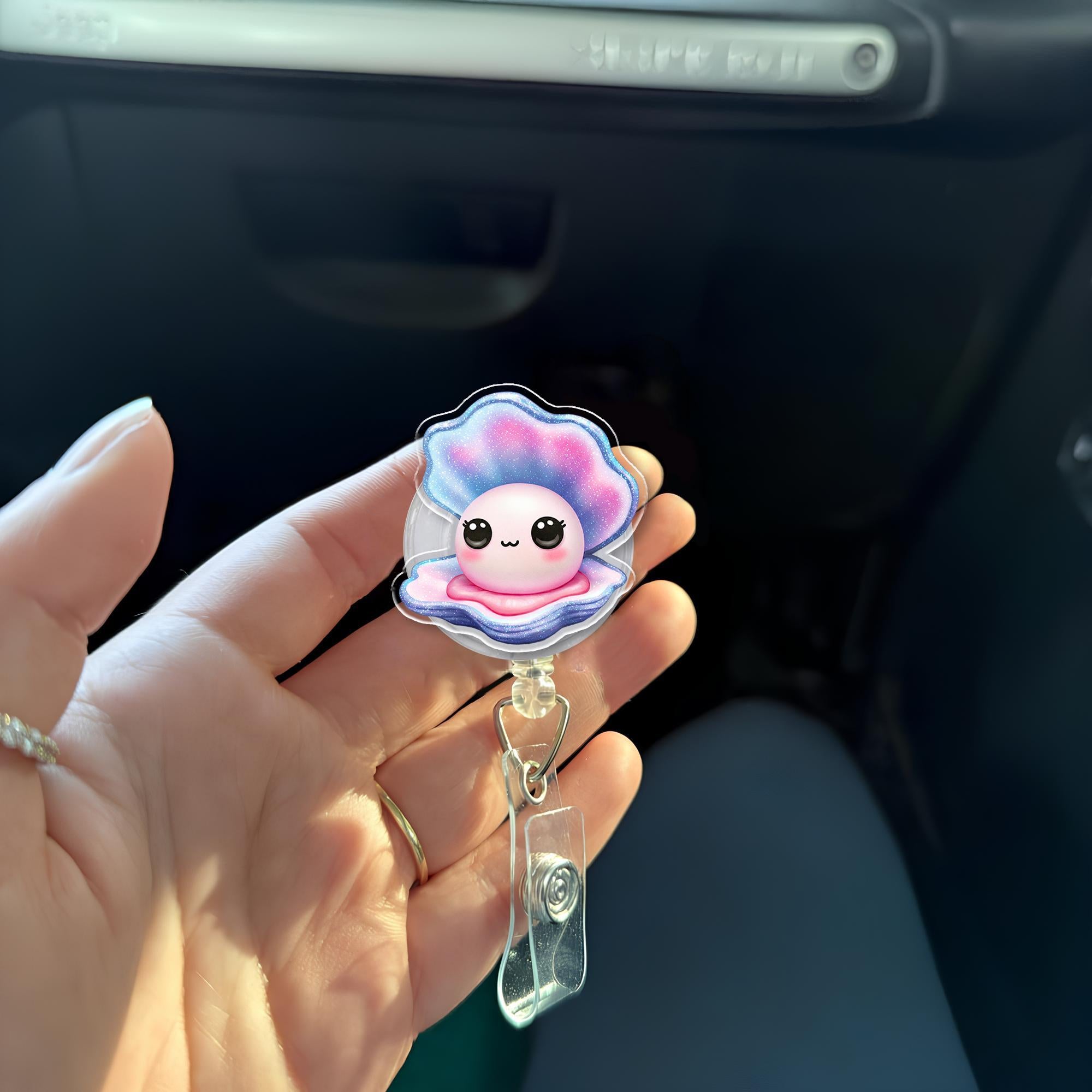 Summer Pearl Oyster Badge Reel - Retractable ID Holder for Nurses, Teachers & Ocean Lovers - Cute Lanyard Accessory