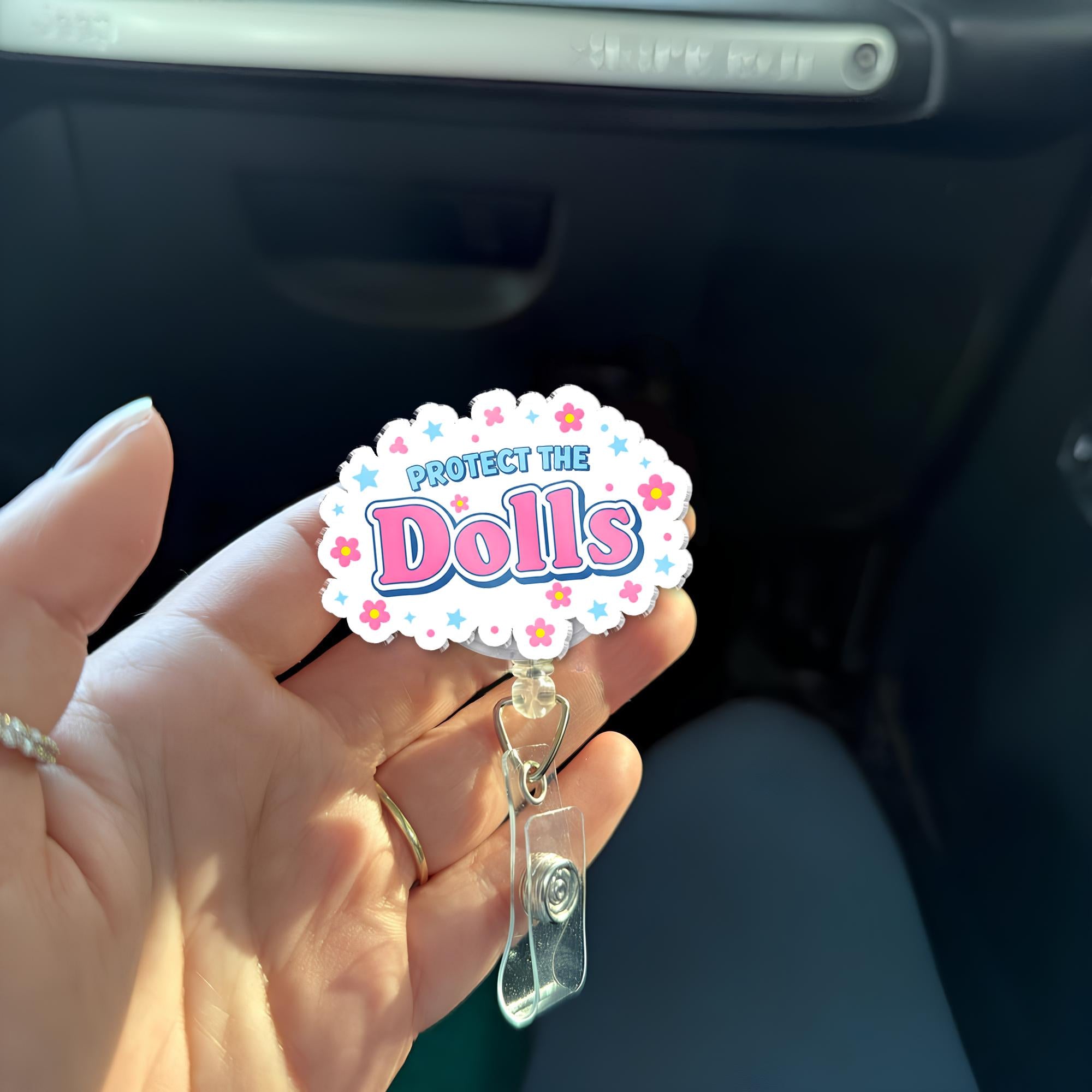 Protect The Dolls Badge Reel - Cute Nurse ID Holder, Retractable RN Badge Clip with Floral & Star Design for Healthcare Workers