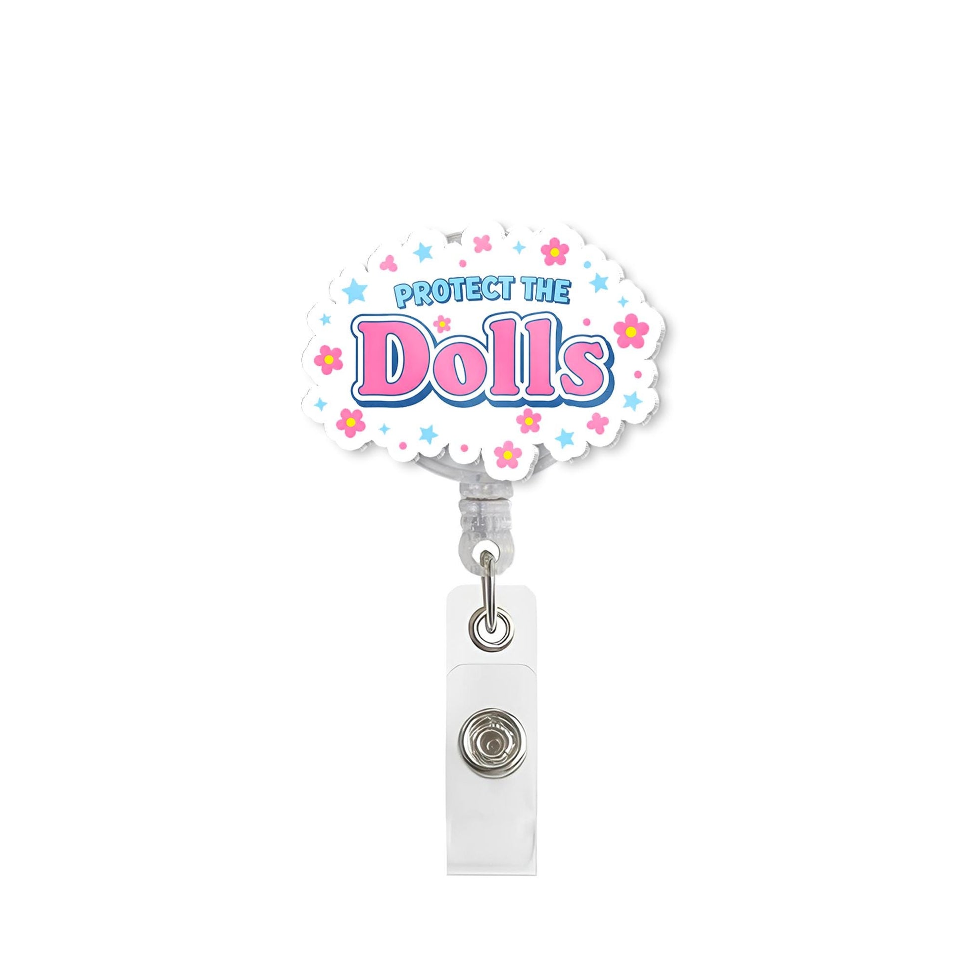 Protect The Dolls Badge Reel - Cute Nurse ID Holder, Retractable RN Badge Clip with Floral & Star Design for Healthcare Workers