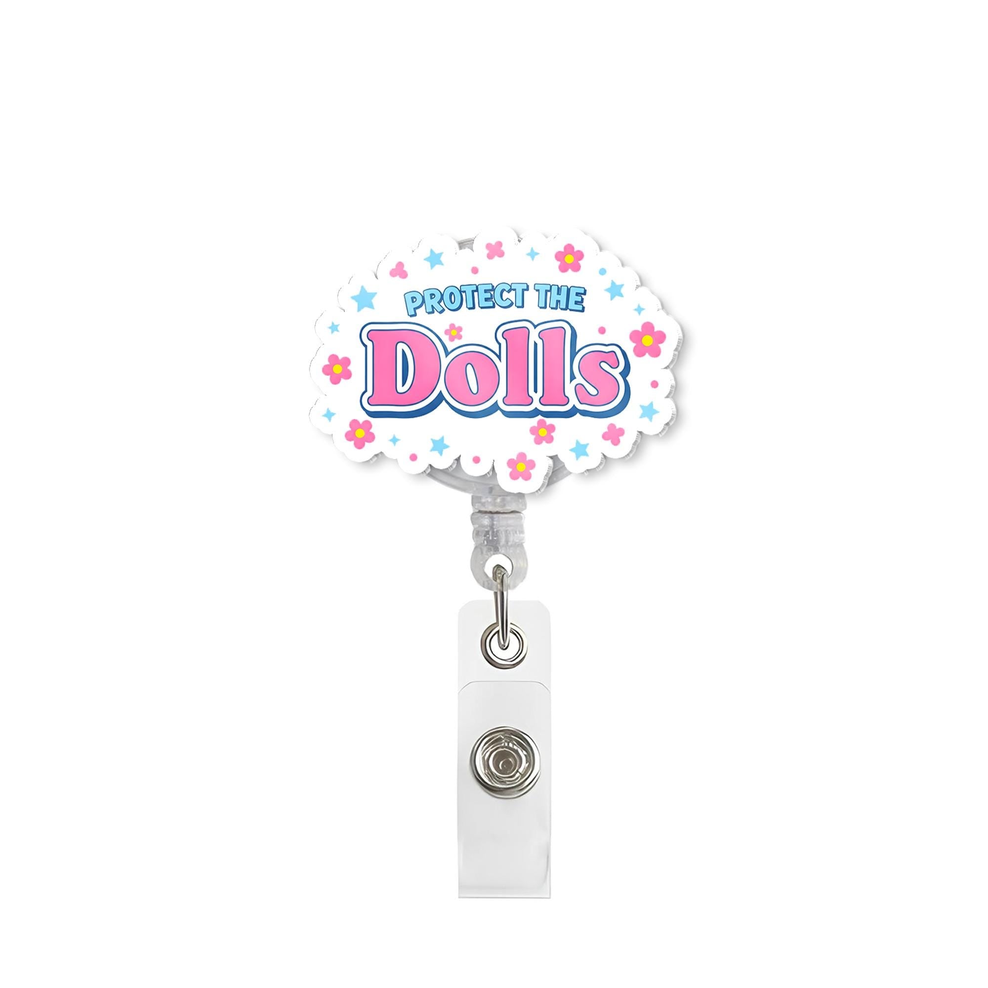 Protect The Dolls Badge Reel - Cute Nurse ID Holder, Retractable RN Badge Clip with Floral & Star Design for Healthcare Workers