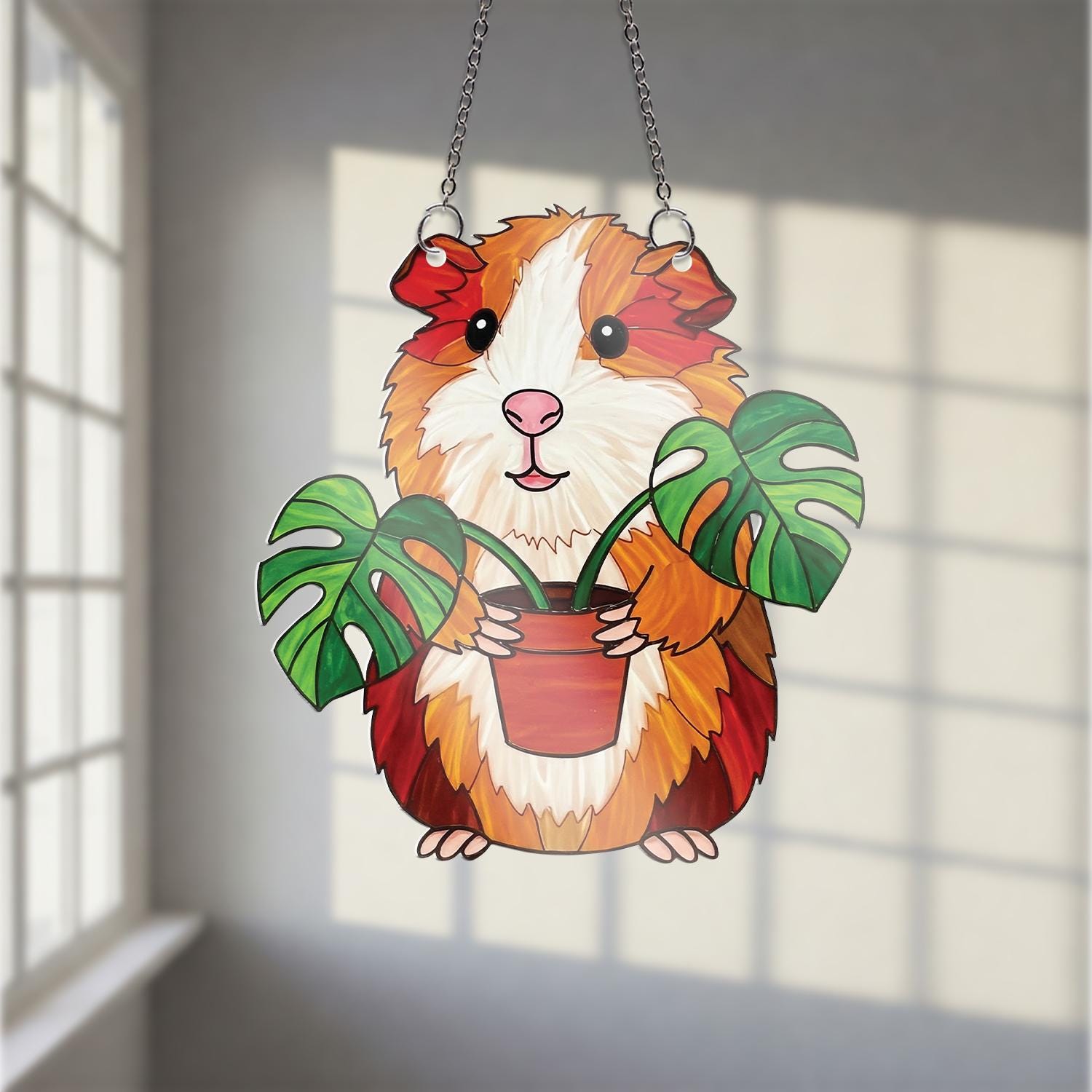 Guinea Pig ACRYLIC Window Hanging – Cute Pet Lover Window Decor with Monstera Plant, Funny Gift for Guinea Pig Owners, Plants Home Decor